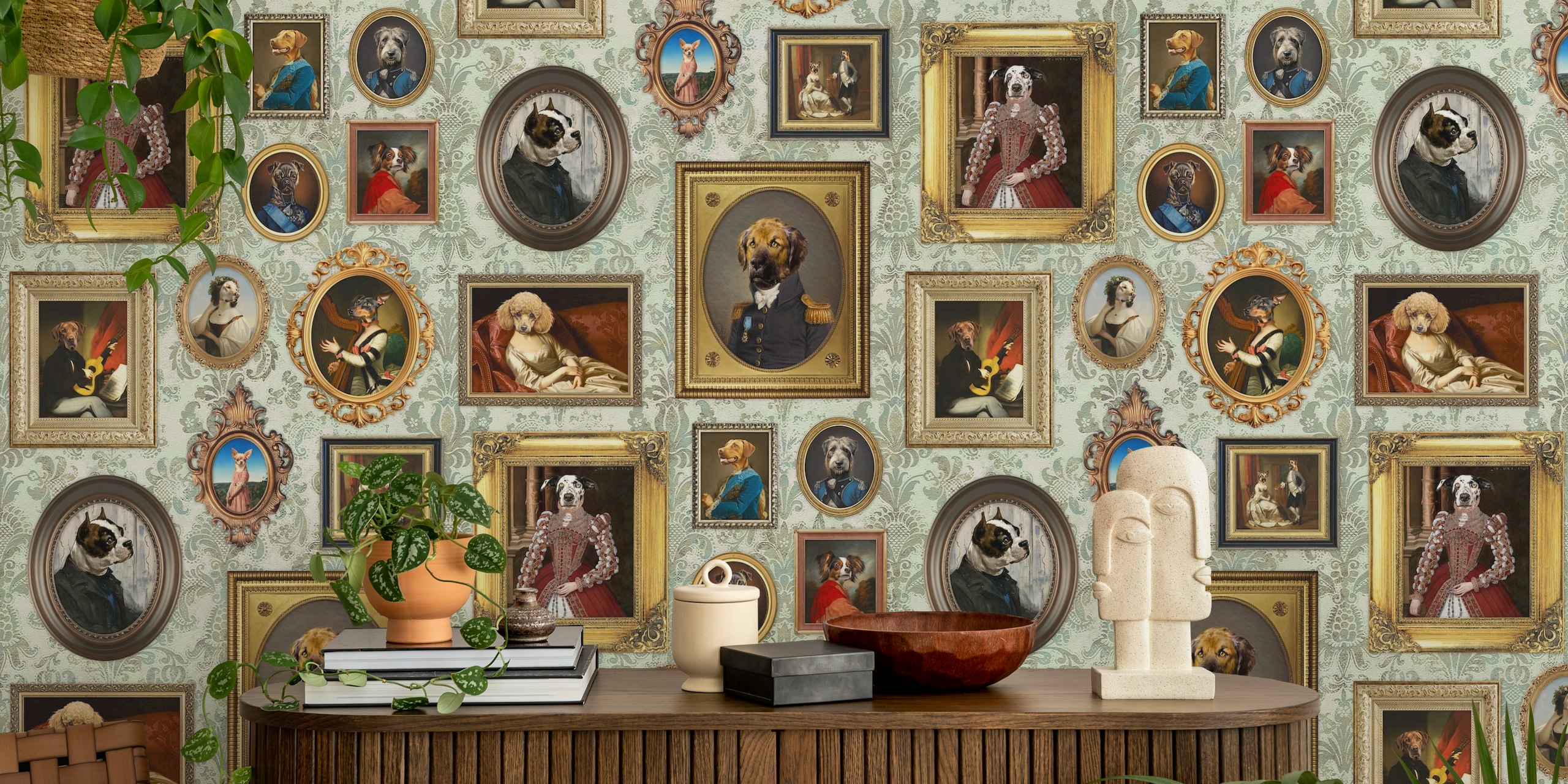Dog Portraits in vintage frames on a sage mint background wallpaper