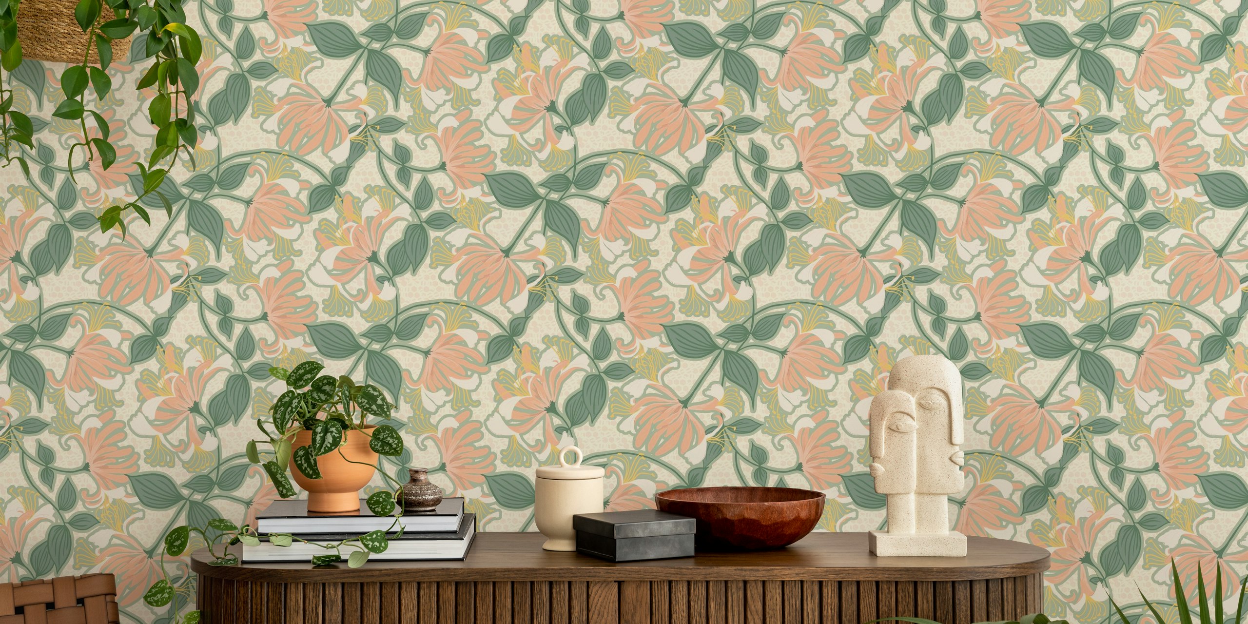 Peaches and cream floral wallpaper in a room