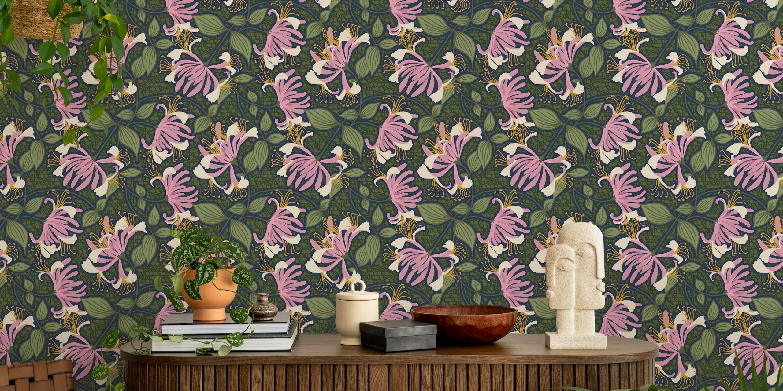 Pink honeysuckle flowers on green background wallpaper