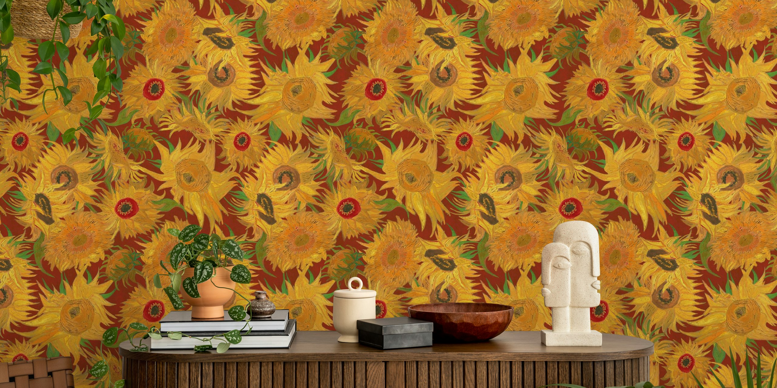 Van Gogh sunflowers wallpaper in a room