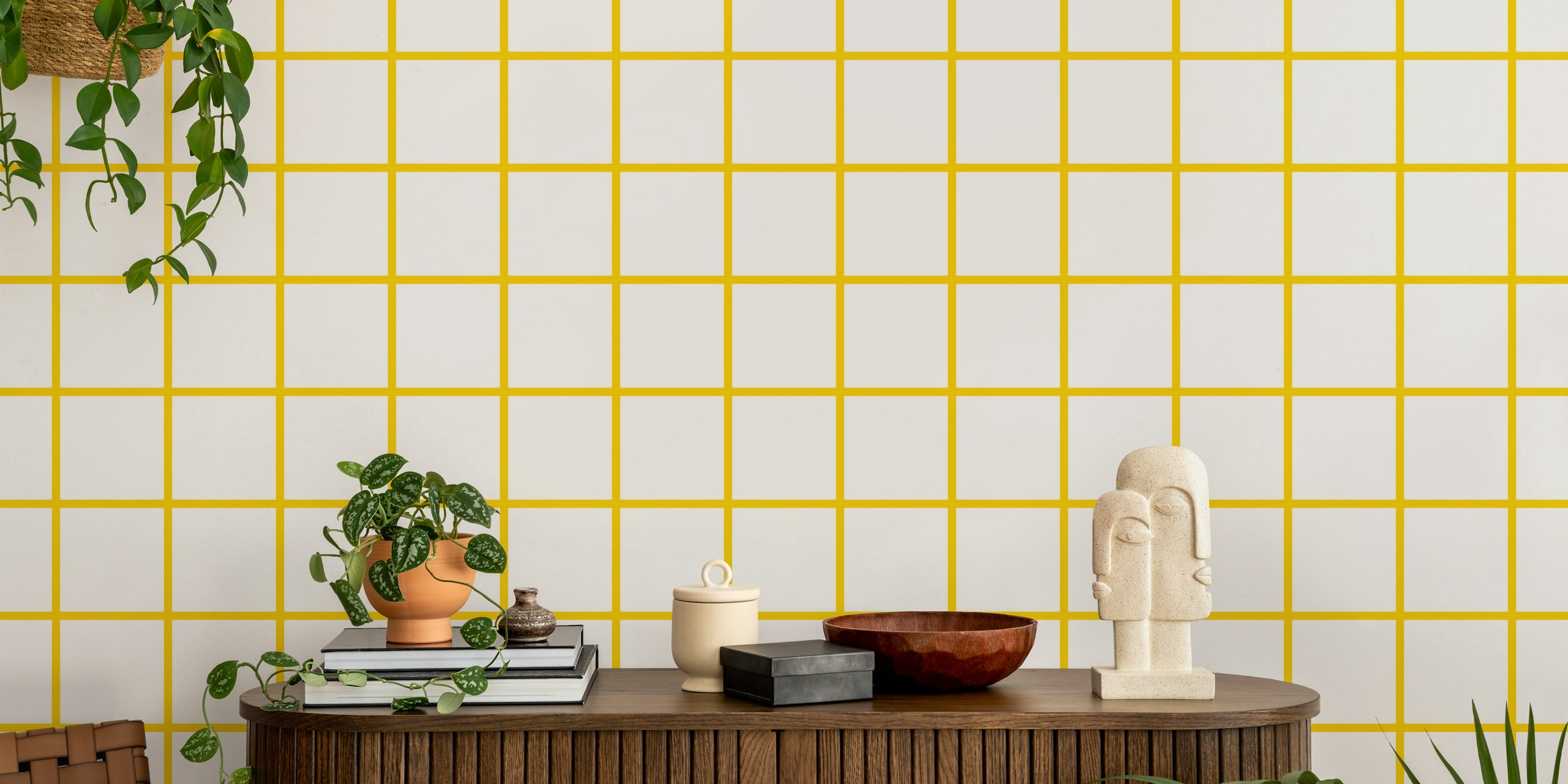 Yellow grid pattern on white background wallpaper