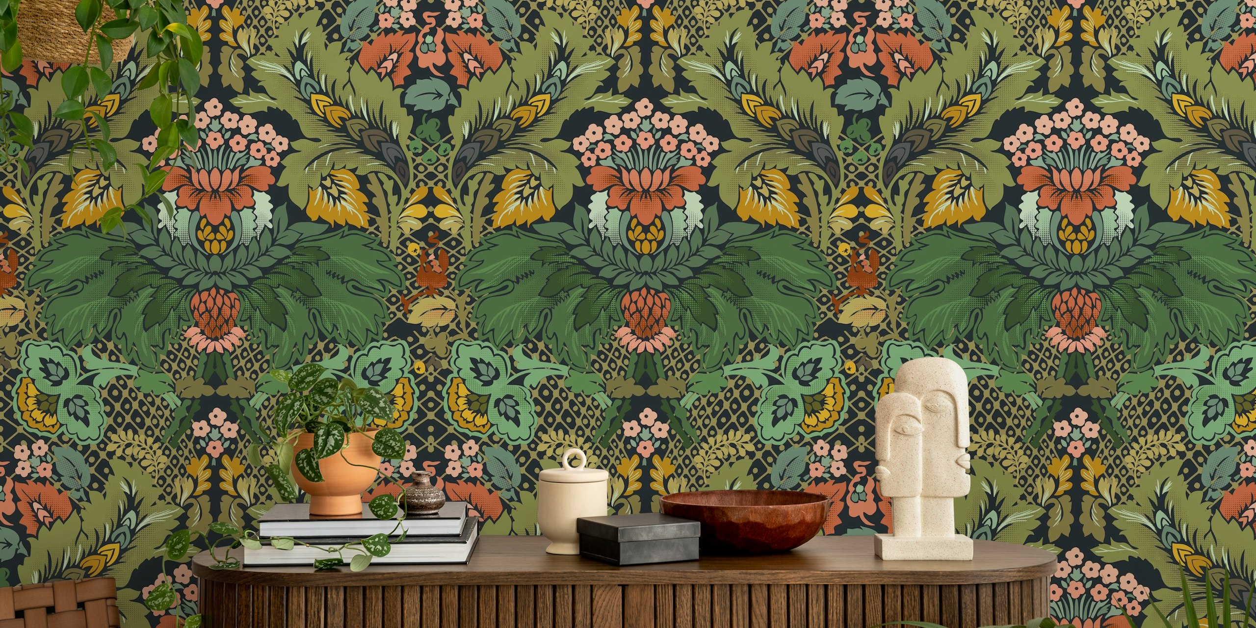 Victorian flower damask mörkblå tapet i ett rum