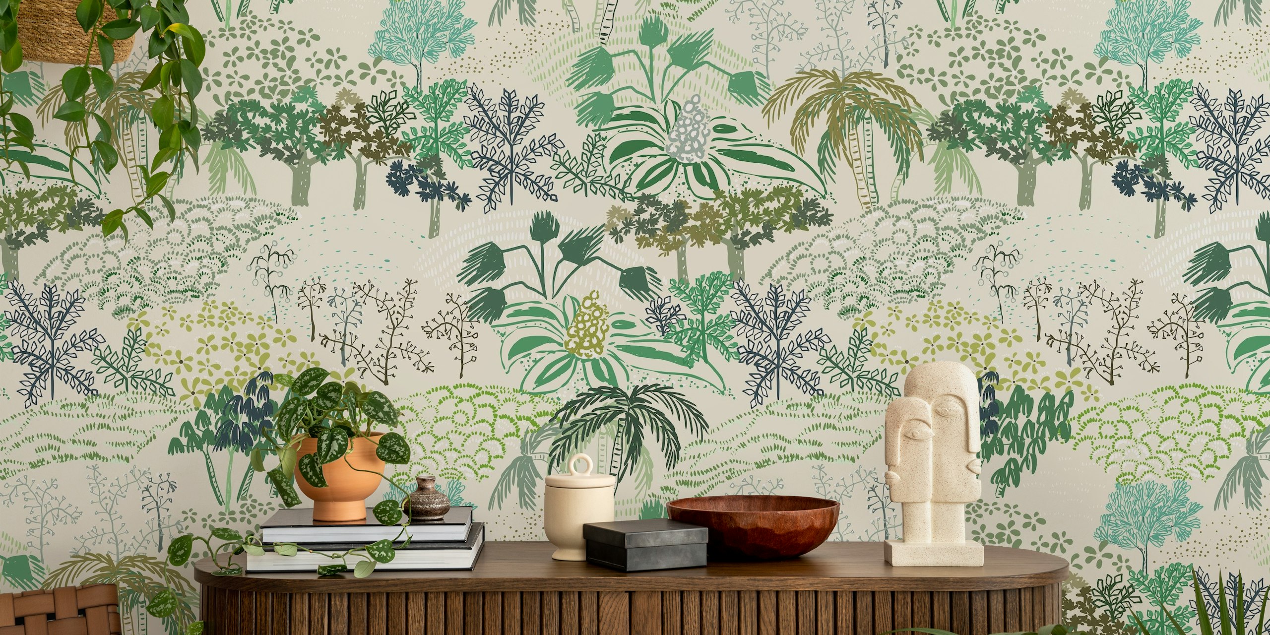 Italiensk landskap grön tapet i ett rum