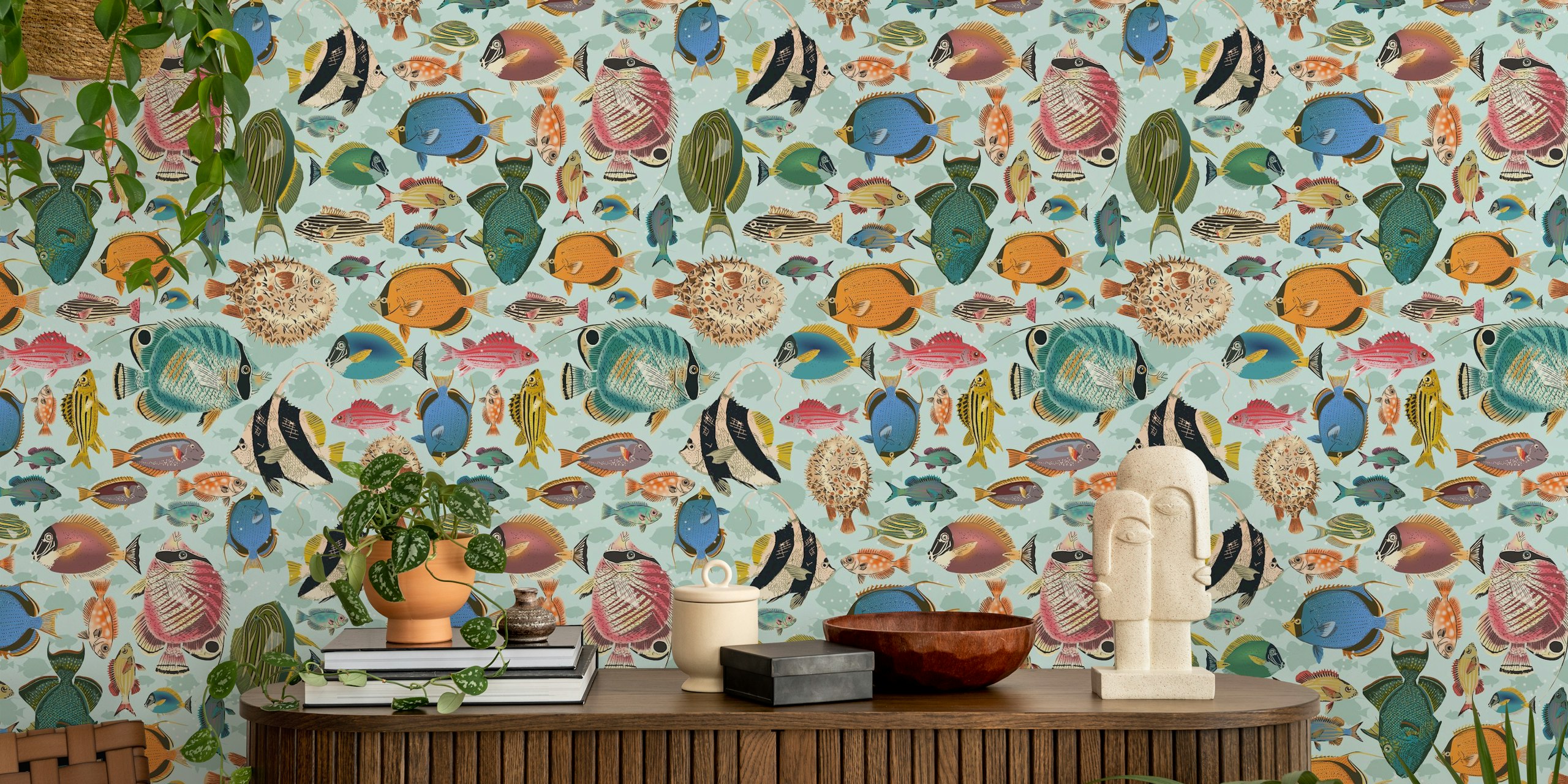 Fishes everywhere mint wallpaper in a room