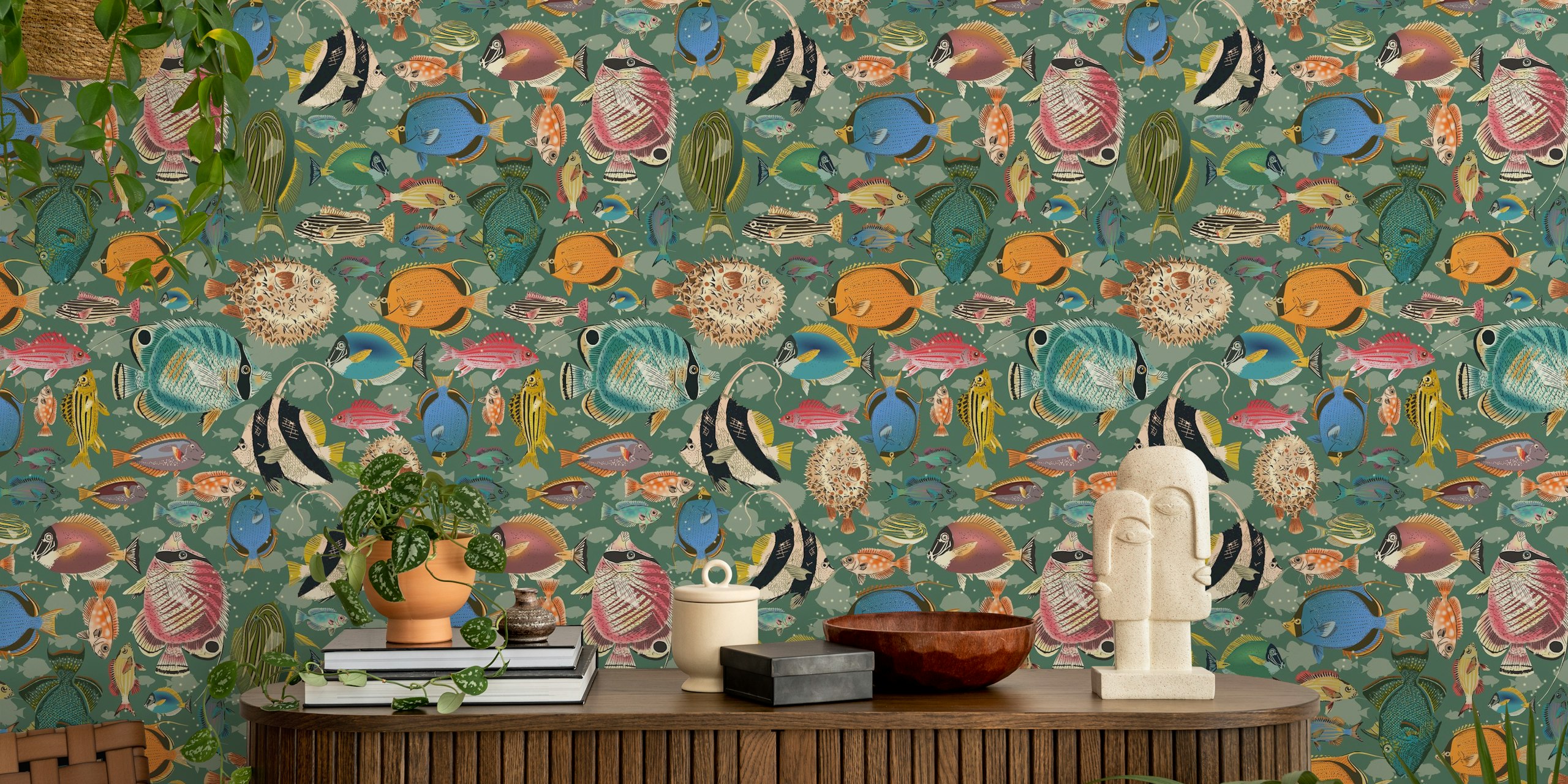 Colorful tropical fish designs on teal background wallpaper