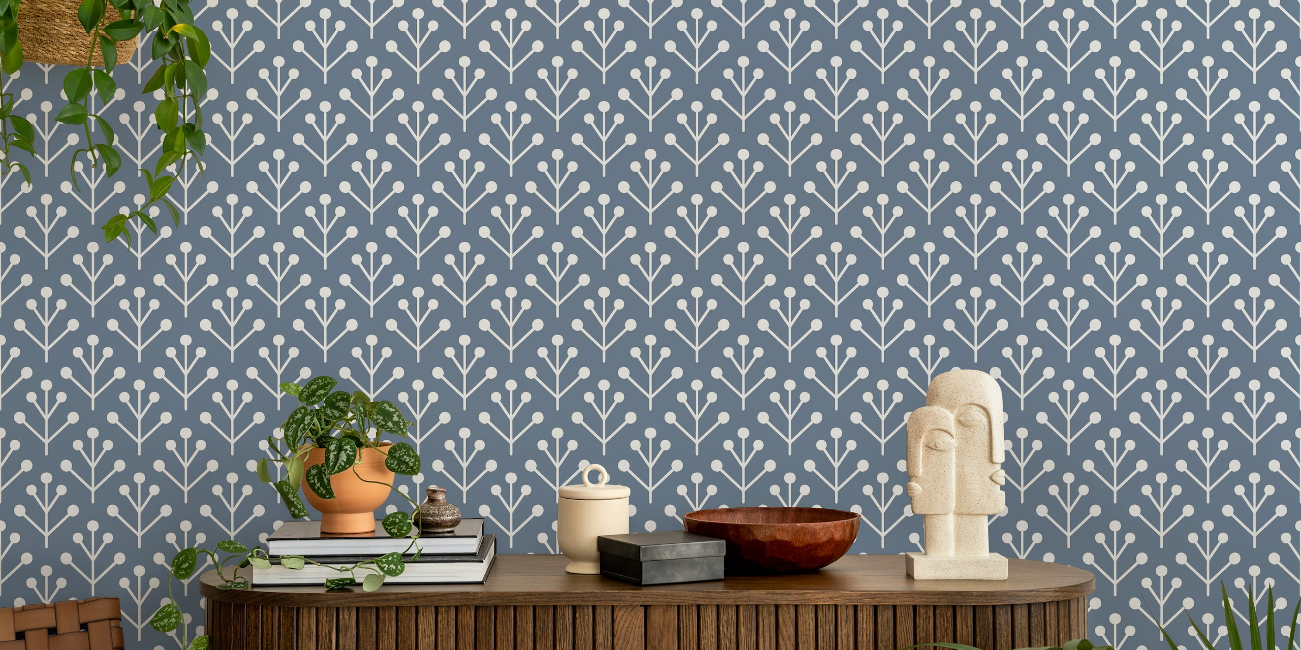 Berry twig pattern on dark blue background wallpaper