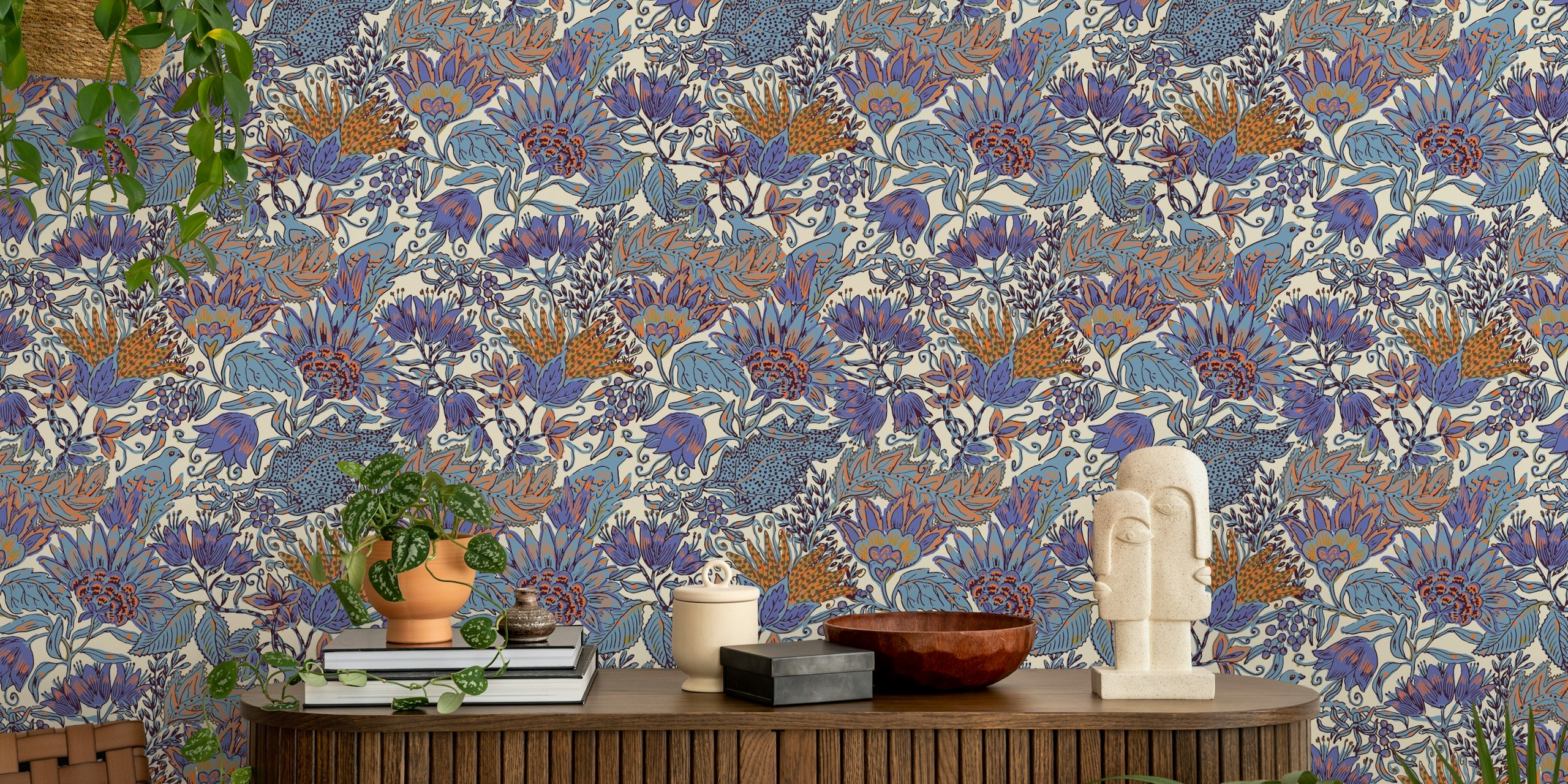 French Indian Floral Lilla vægmaleri med lavendel, violet, indigo blomster og grønt løv.