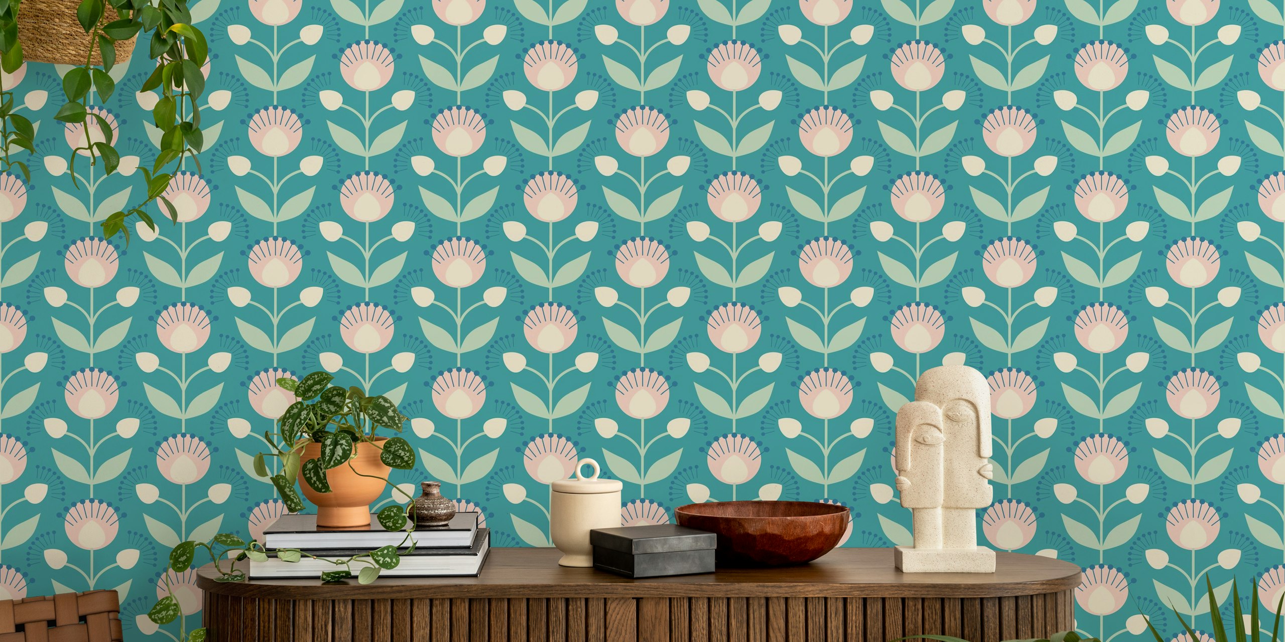 Maximalist floral retro aqua wallpaper design