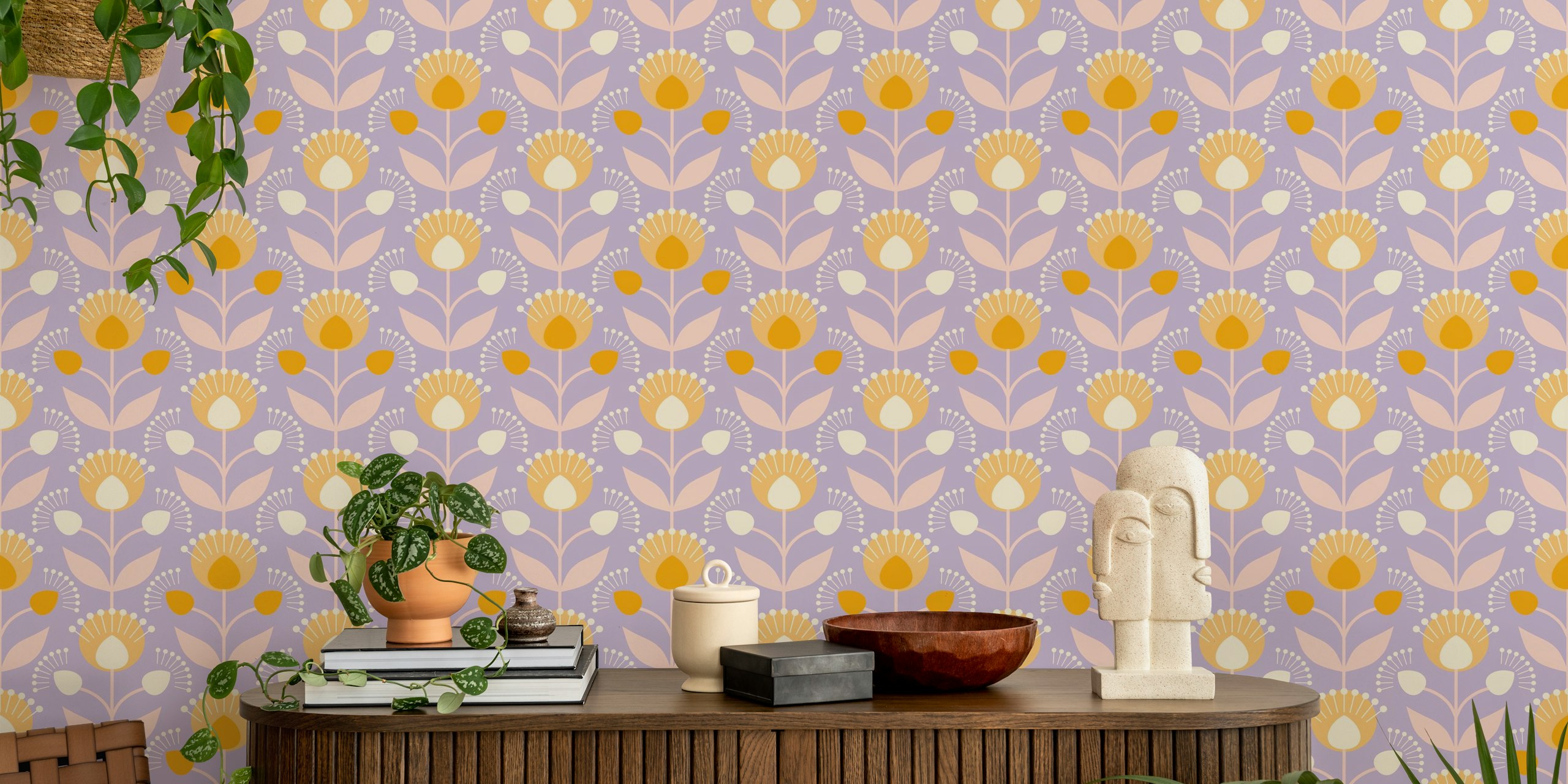 Maximalist floral retro lilac orchid wallpaper in a room