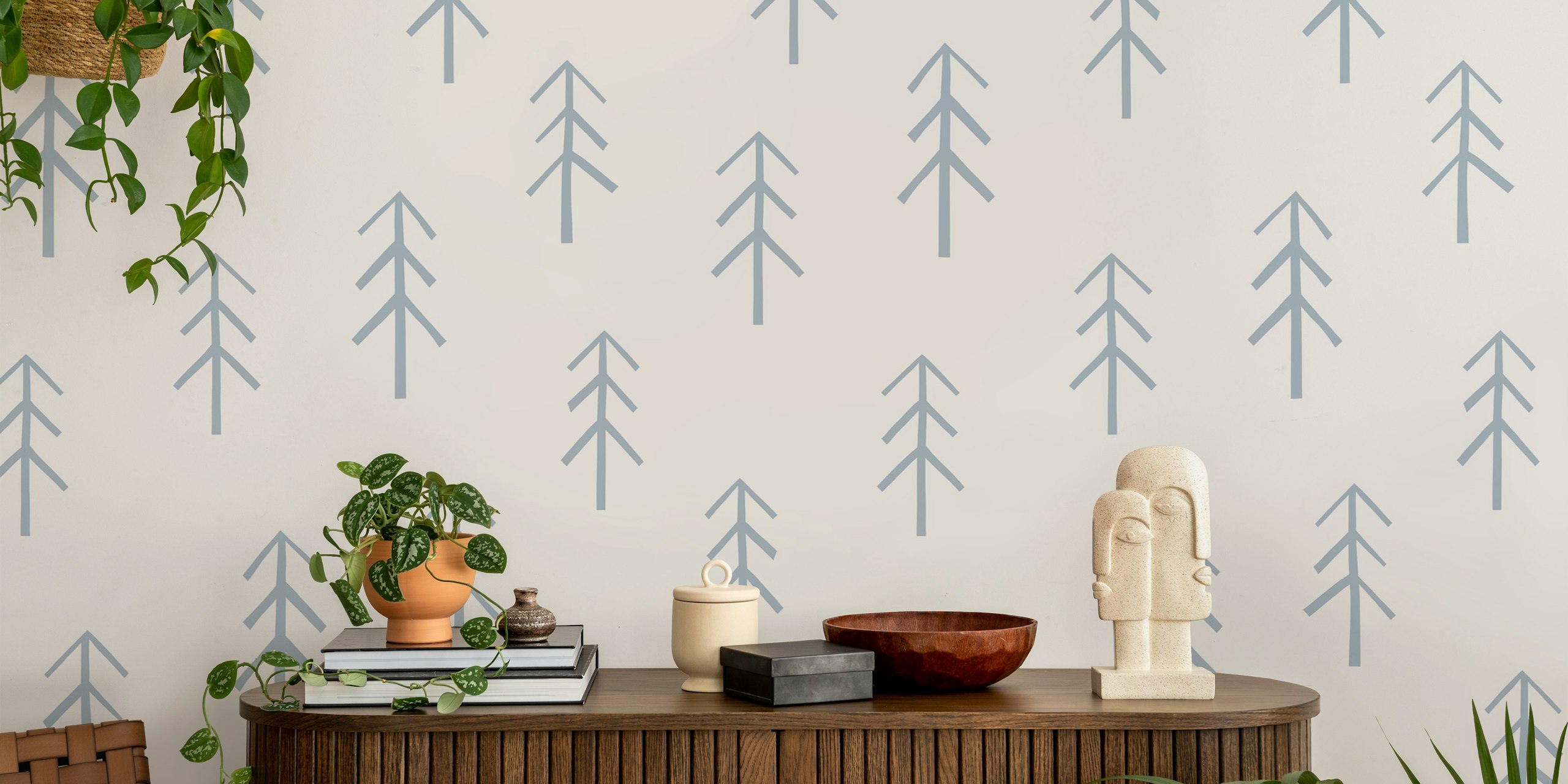 Forest trees in light blue on grey background wallpaper