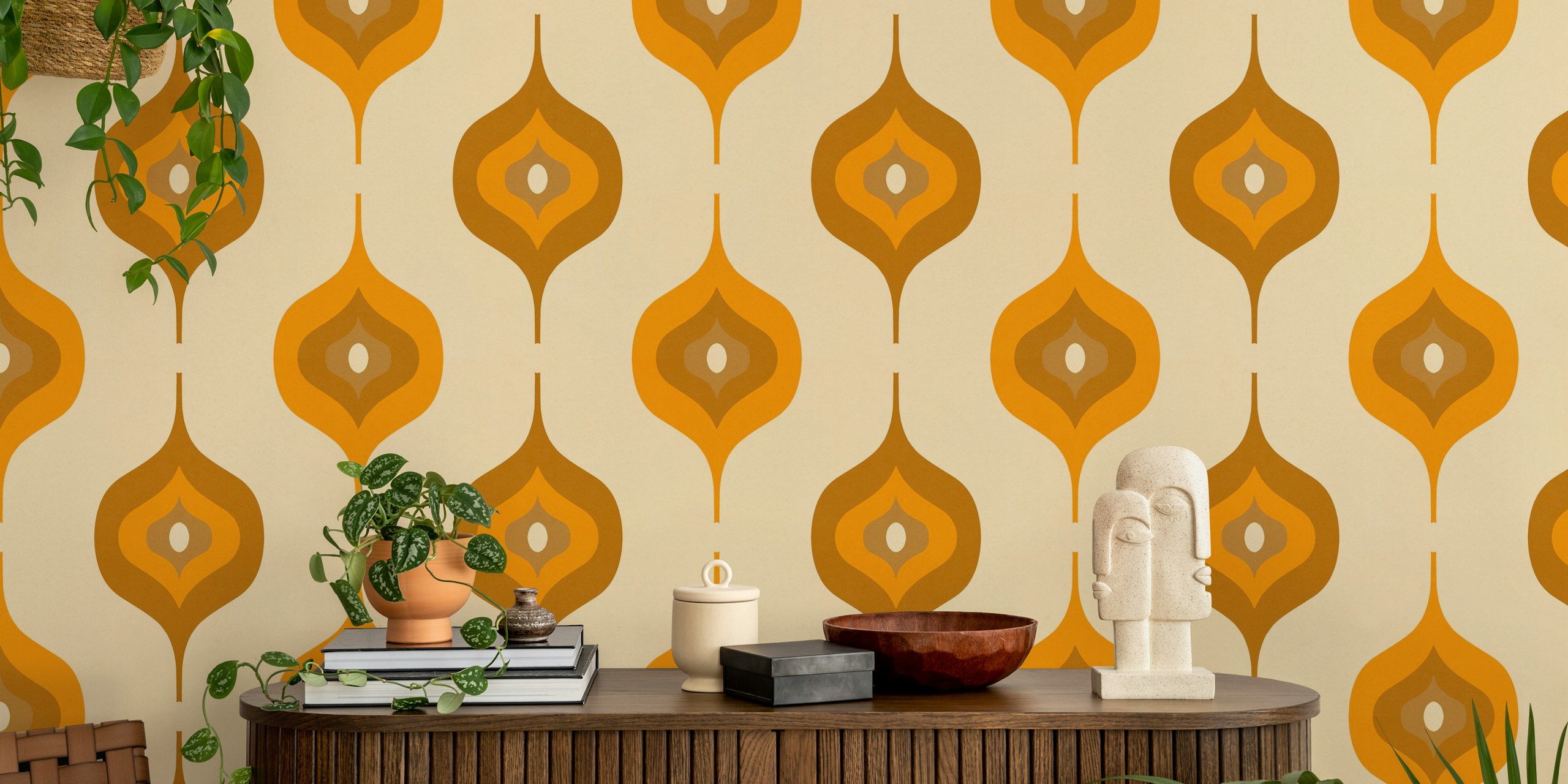 Motifs ondulés orange et beige sur un fond crème wallpaper