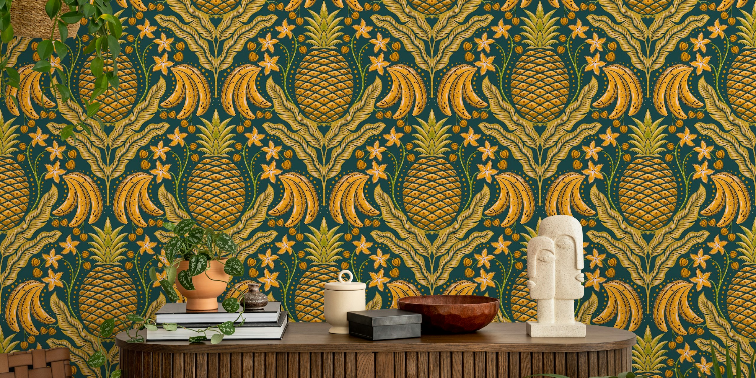 Tropical fruits damask wallpaper in a room