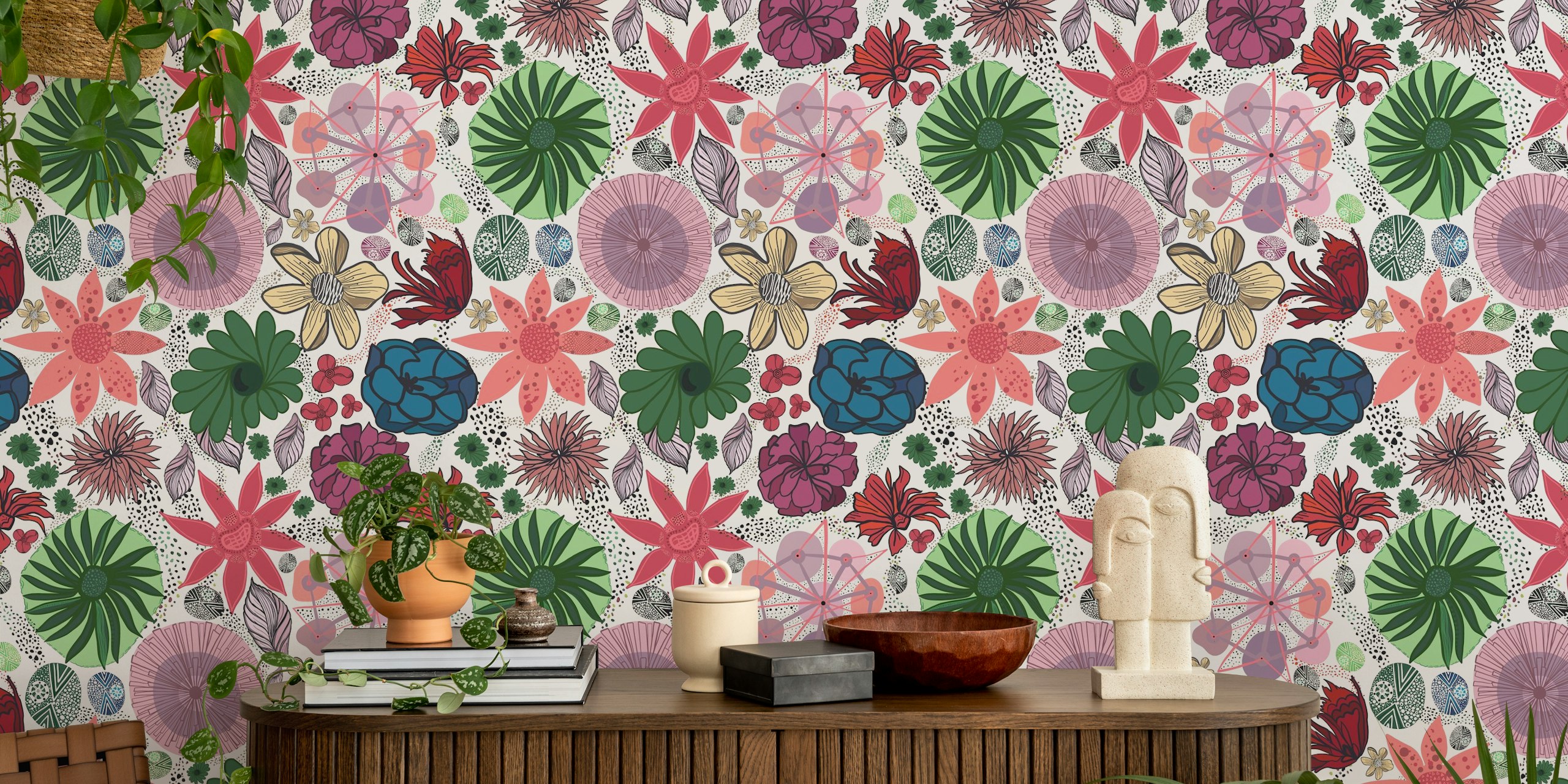 Colorful floral patterns with pink, green, and purple shapes wallpaper