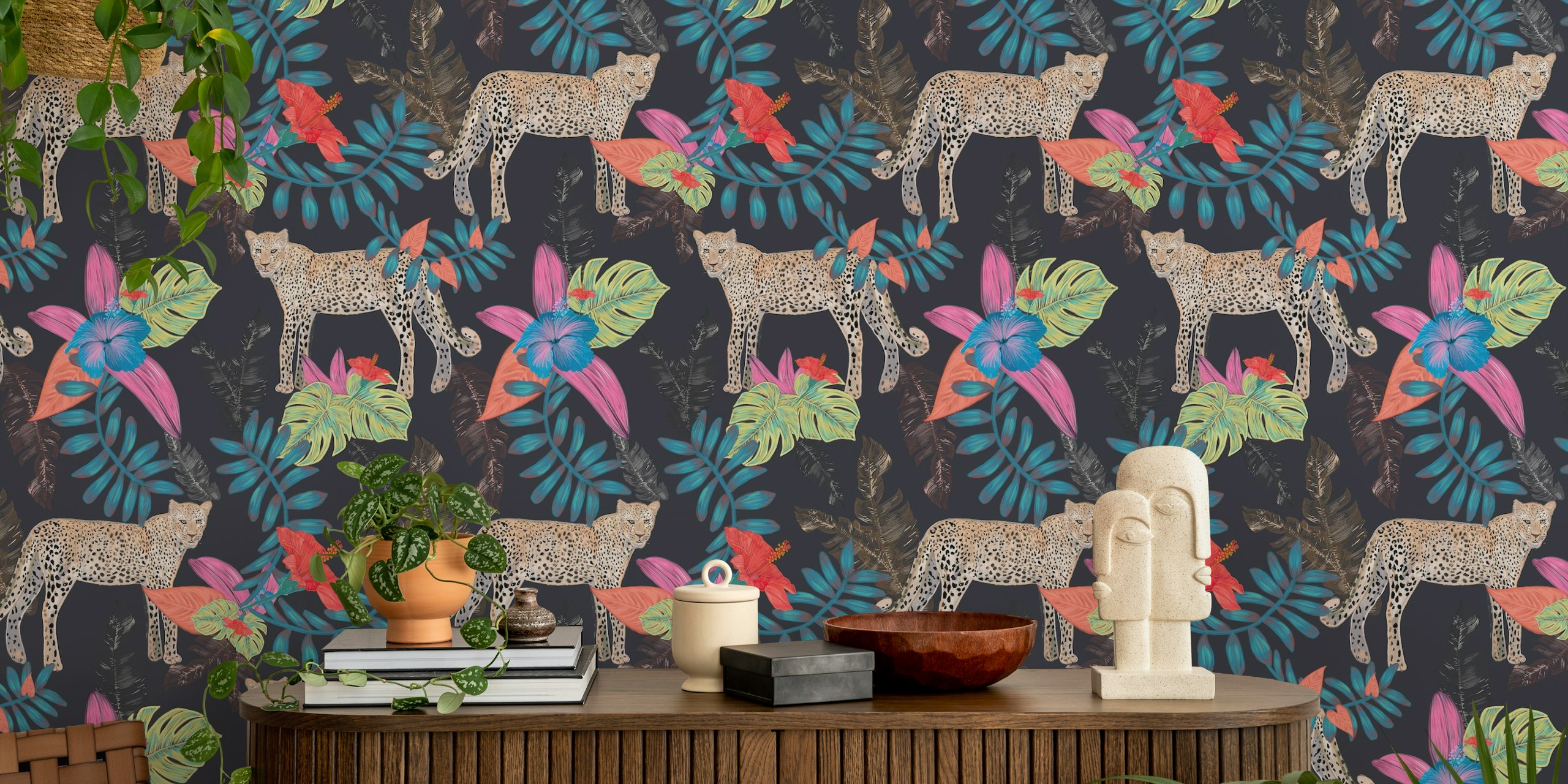 Hand drawn leopard wallpaper with tropical leaves