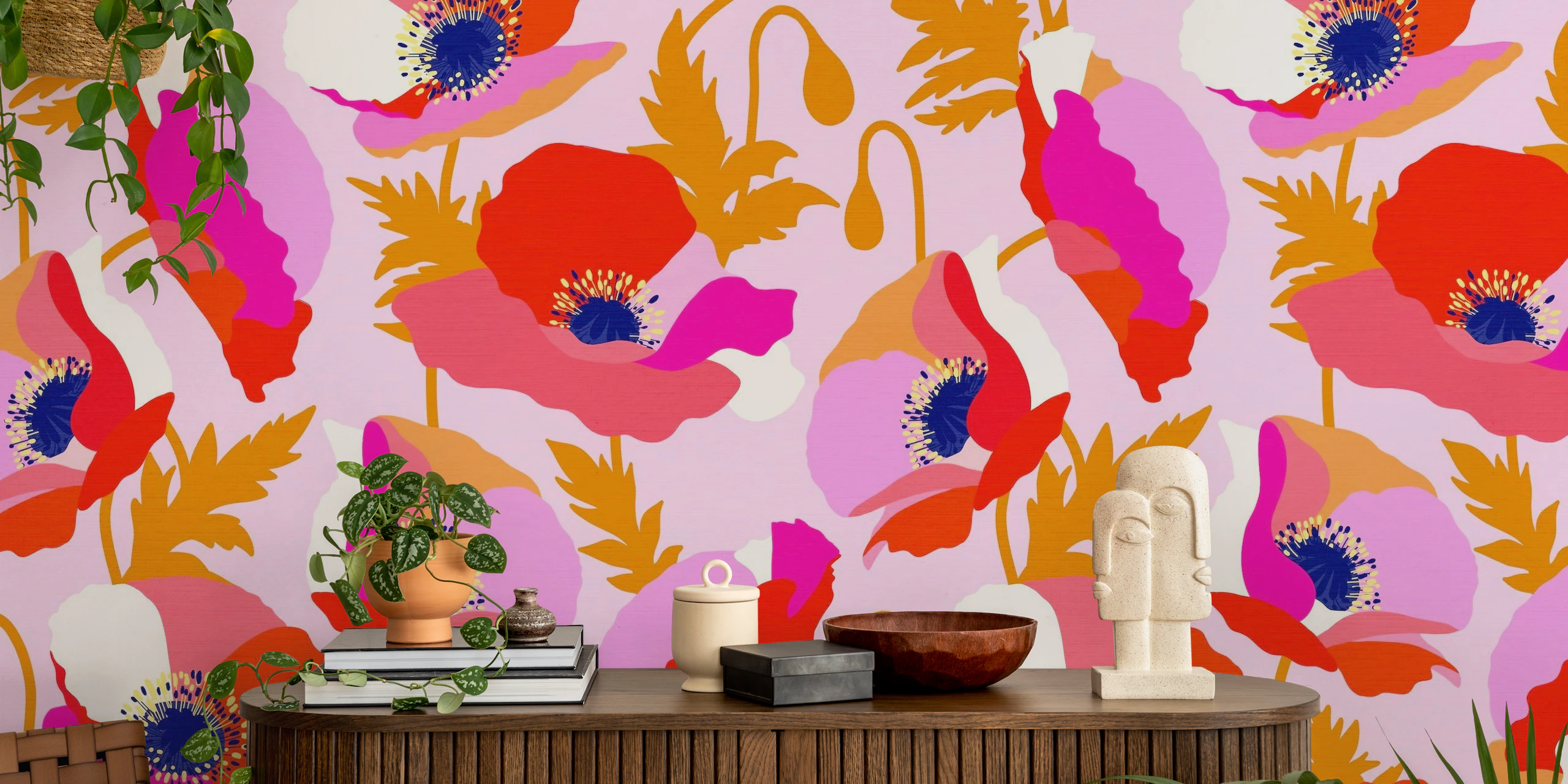 Happy Poppies Pattern in Pink Wallpaper – Buy Online at Happywall