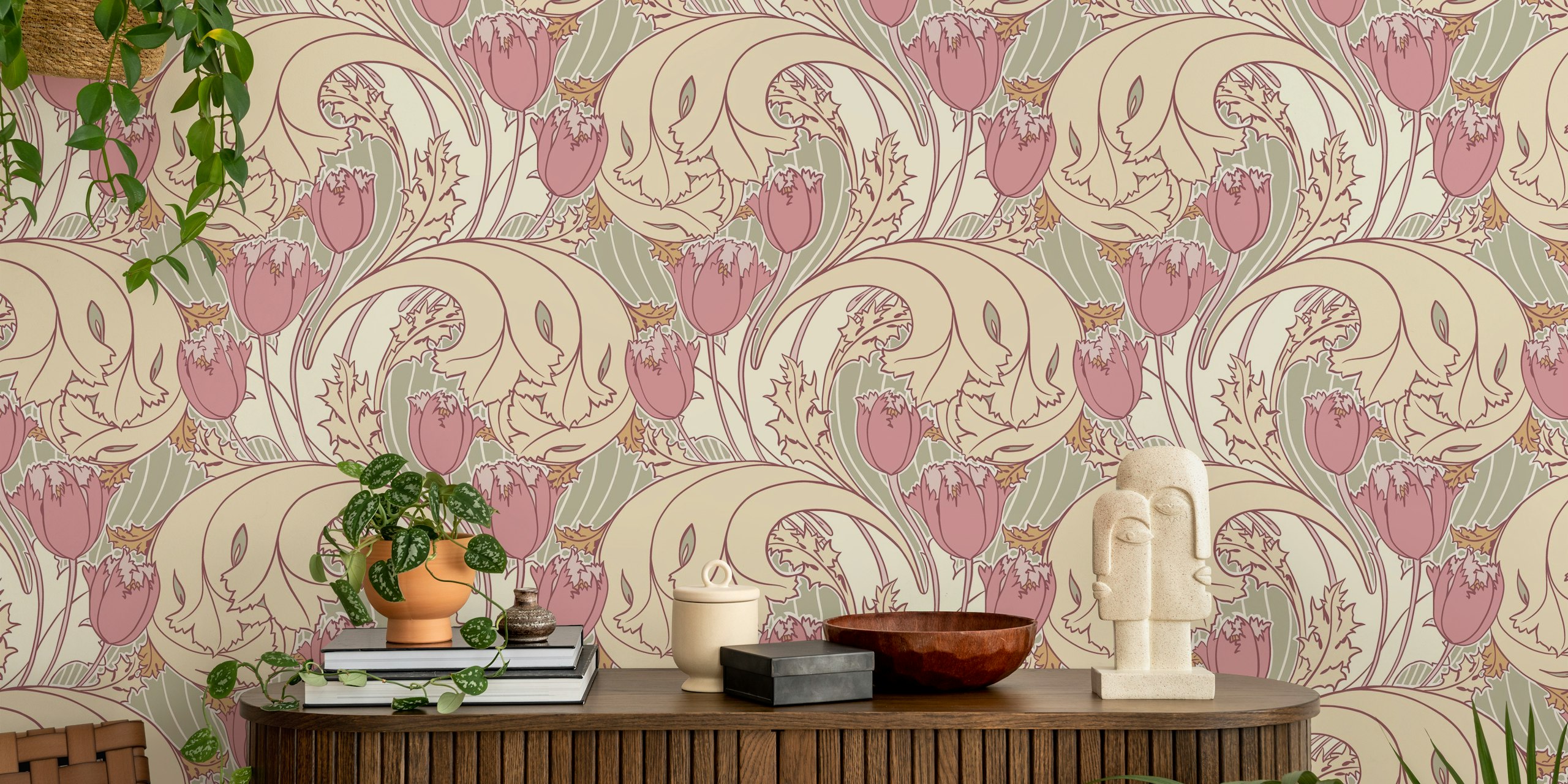 Tulips pattern wallpaper tyylikkäässä huoneessa