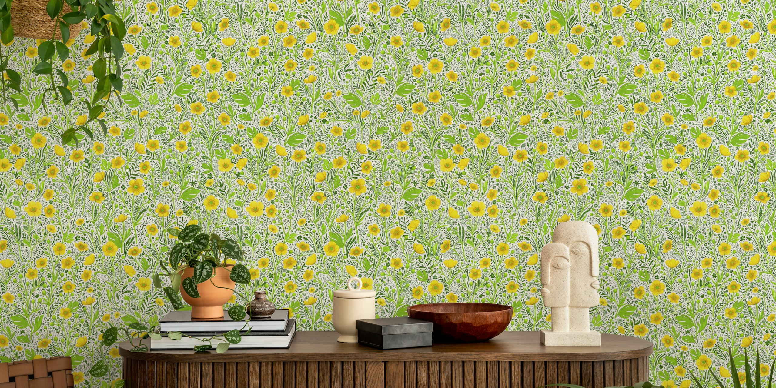 Yellow floral pattern with green leaves wallpaper