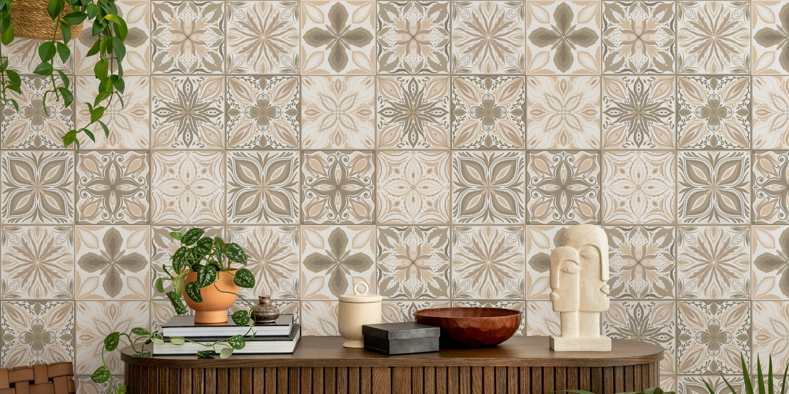Ornate tiles in neutral browns wall mural