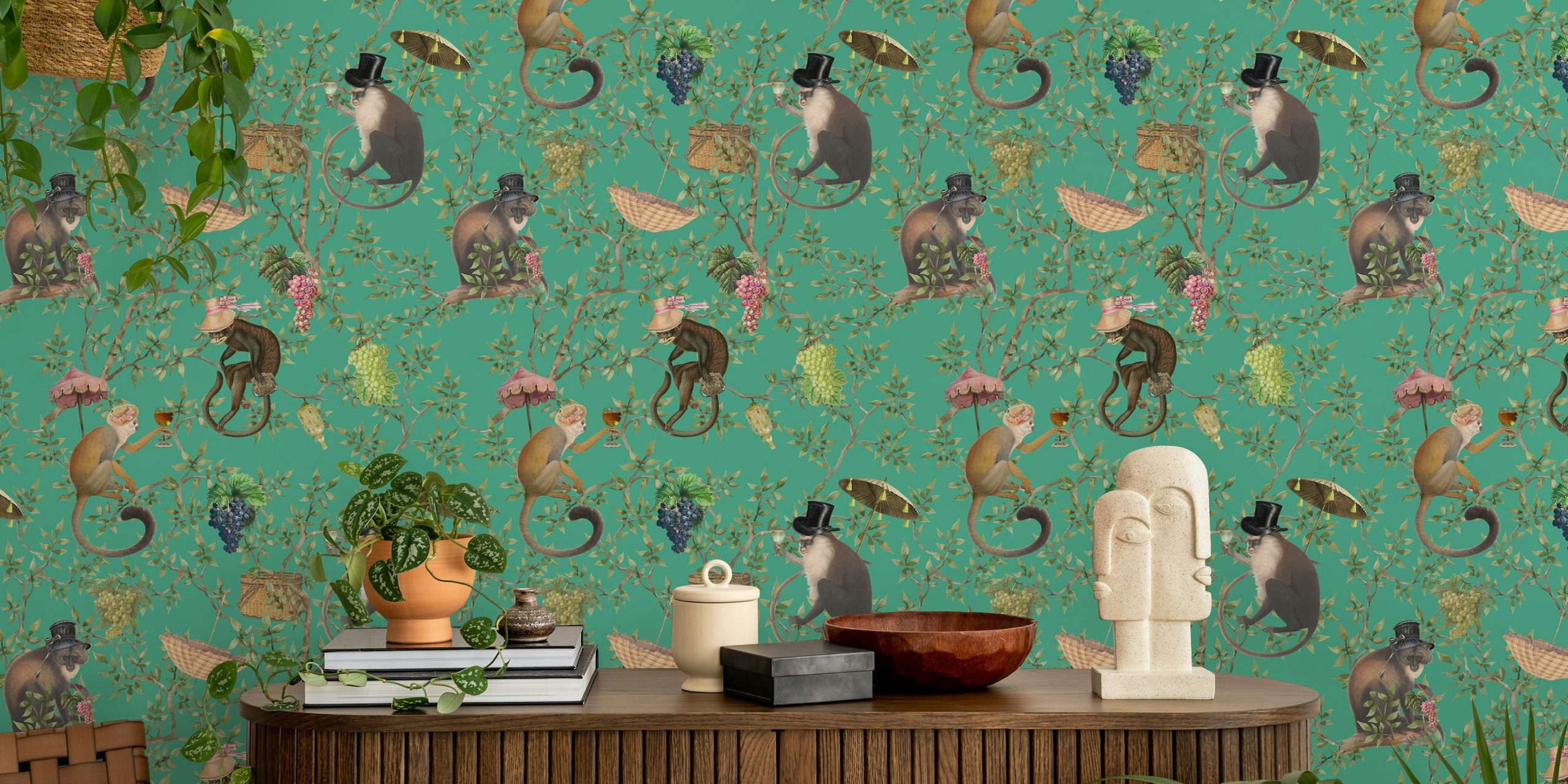 Chinoiserie monkey illustrations on green background wallpaper