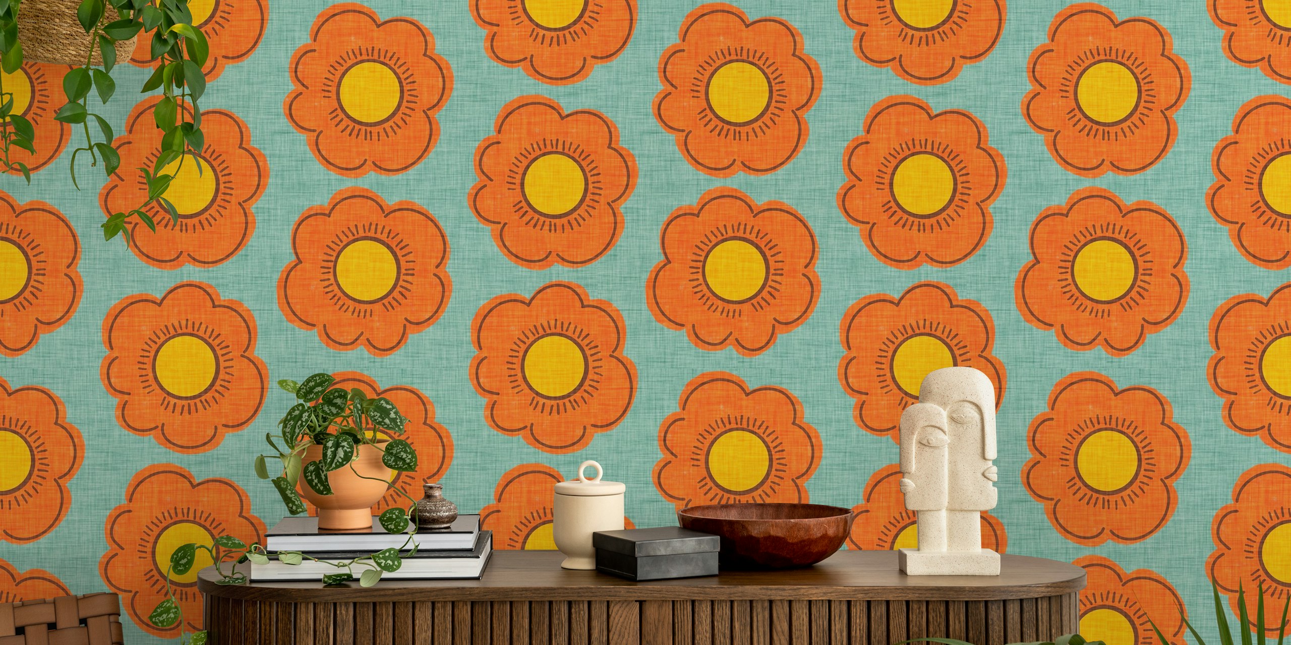 Blue and orange floral pattern wallpaper with mid-century style