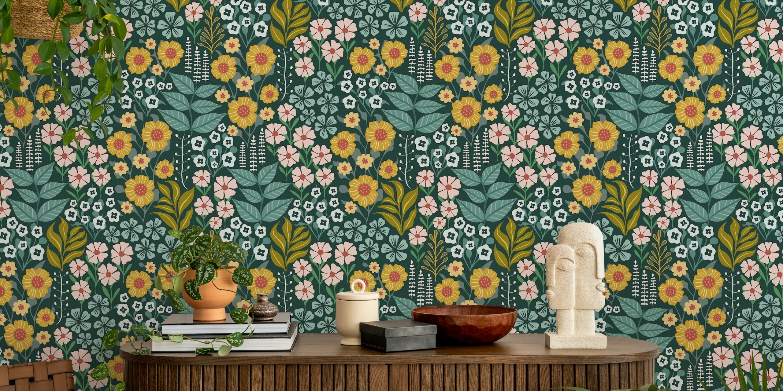 Midnight botanical floral garden dark green wallpaper