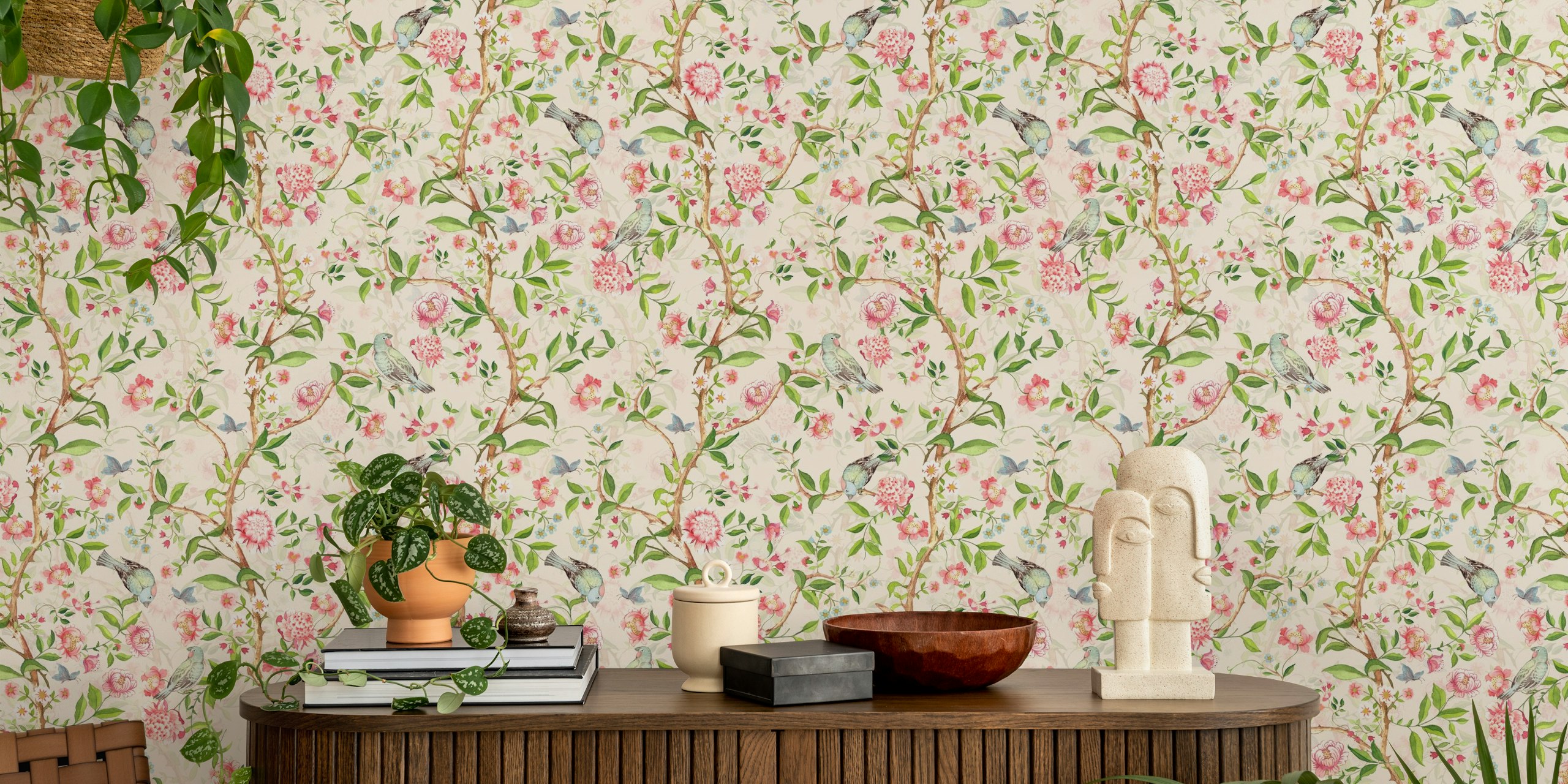 Airy and elegant Blush Chinoiserie Garden wall mural with blooming flowers and birds.