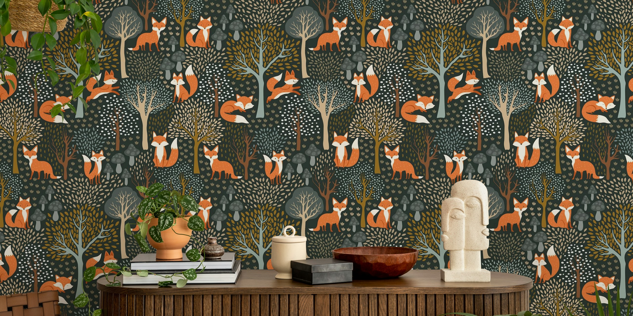 Fotomural vinílico de parede de raposas brincalhonas em um cenário de selva verde escuro