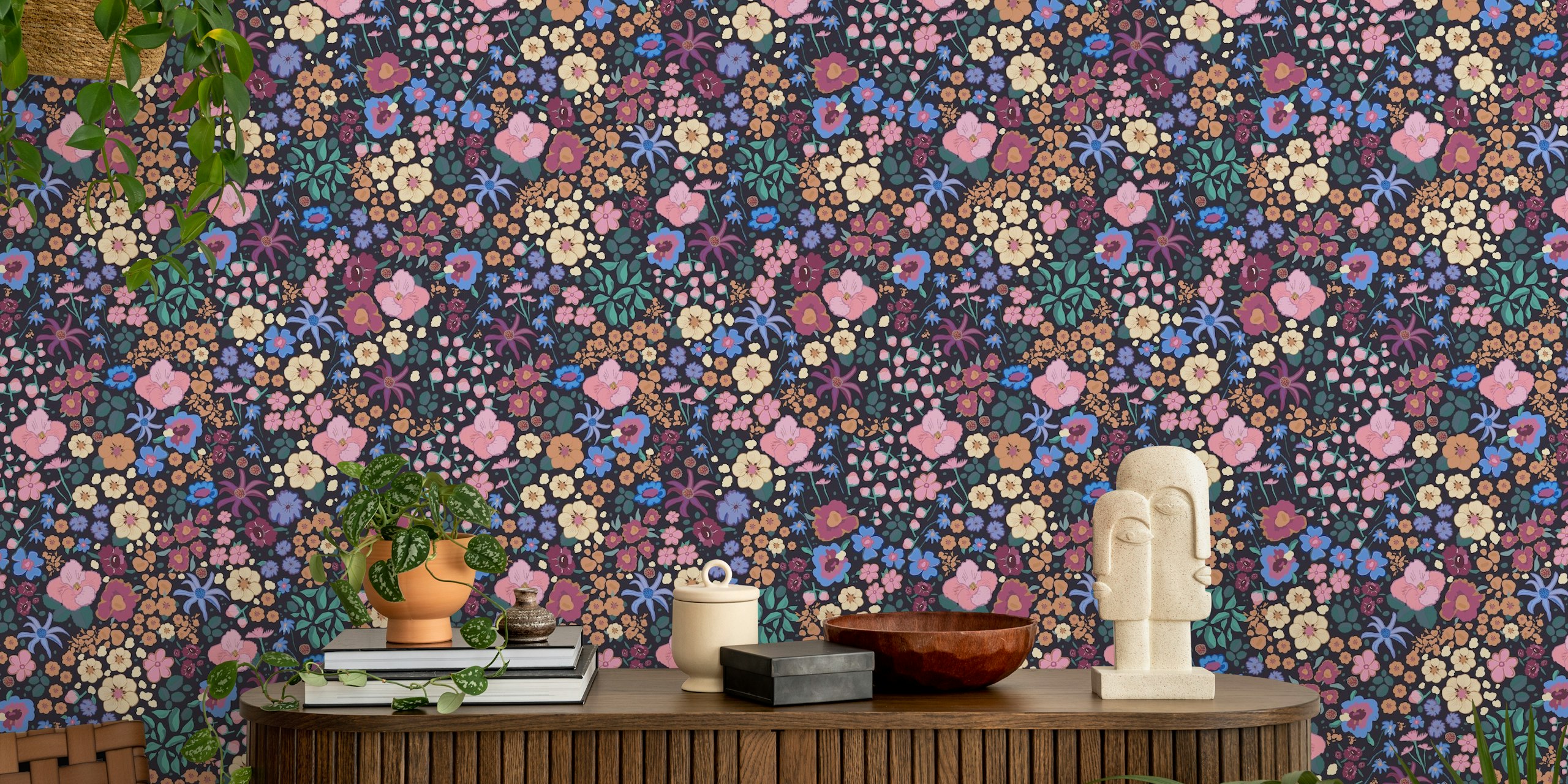 Ditsy colorful pink, purple, blue flowers pattern design