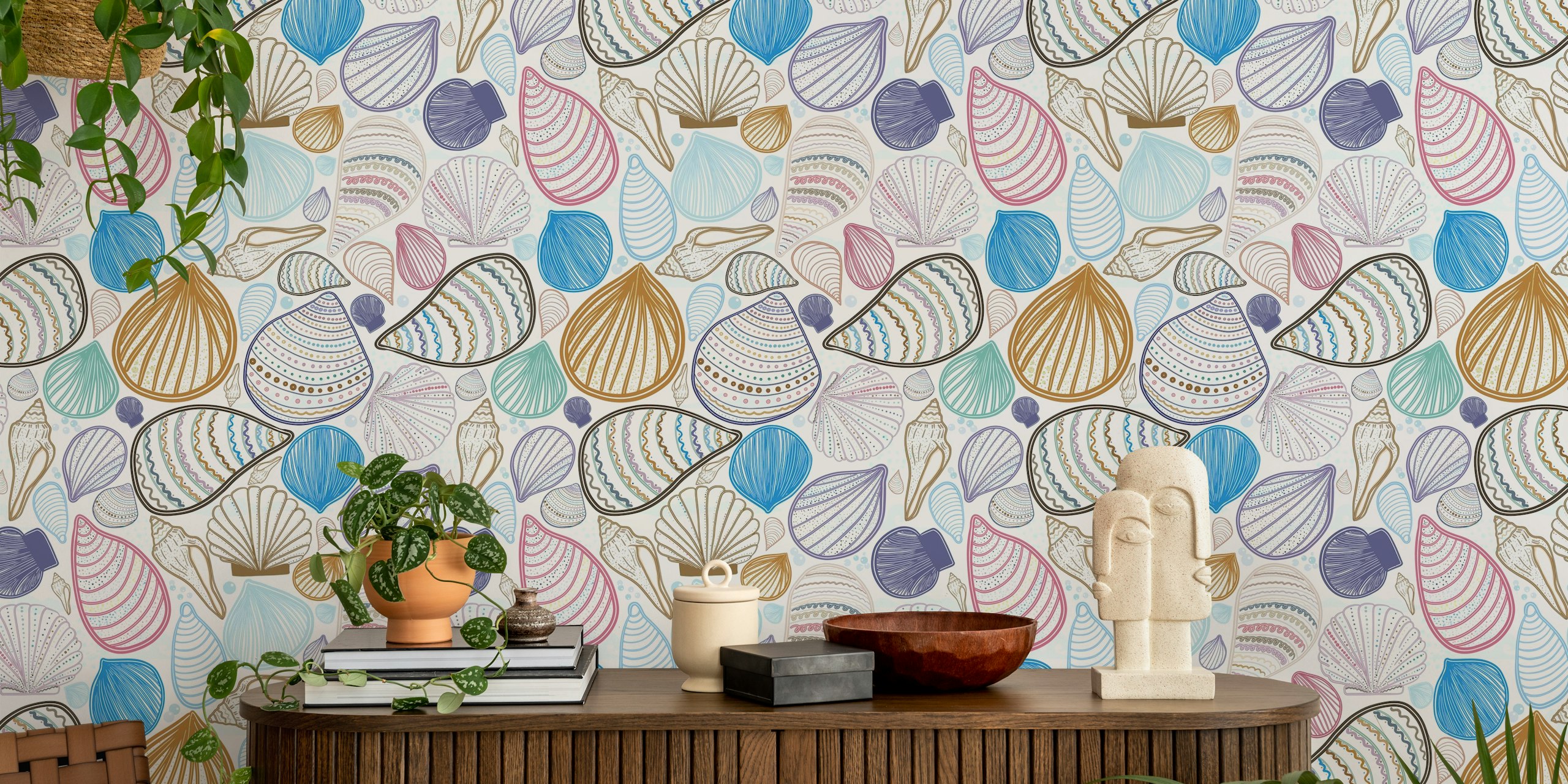 Colorful seashells in various shapes and patterns wallpaper