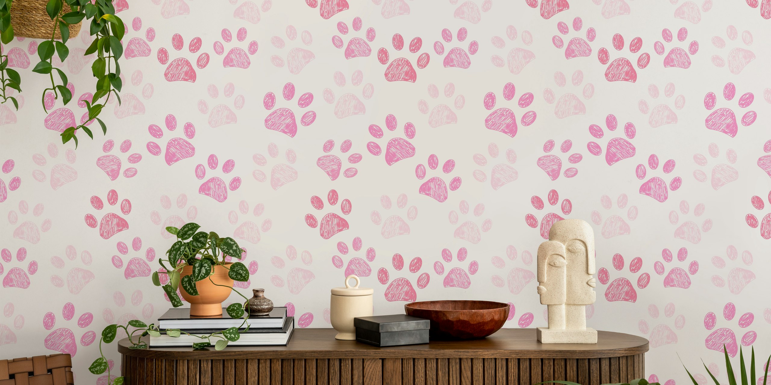 Pink paw prints pattern on a white background wallpaper