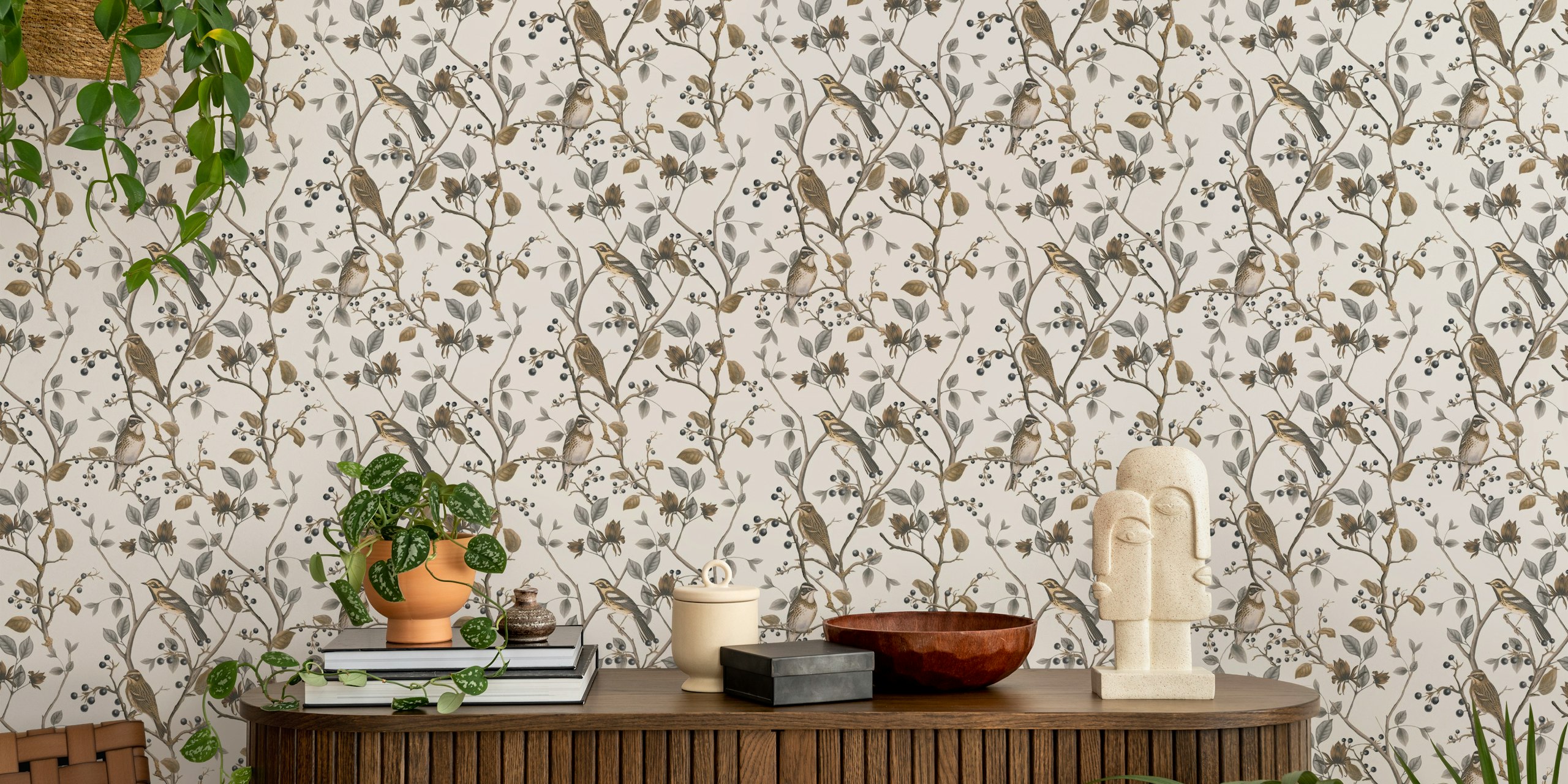 Nordic Chinoiserie Whispers Birds And Foliage Beige tapetdesign
