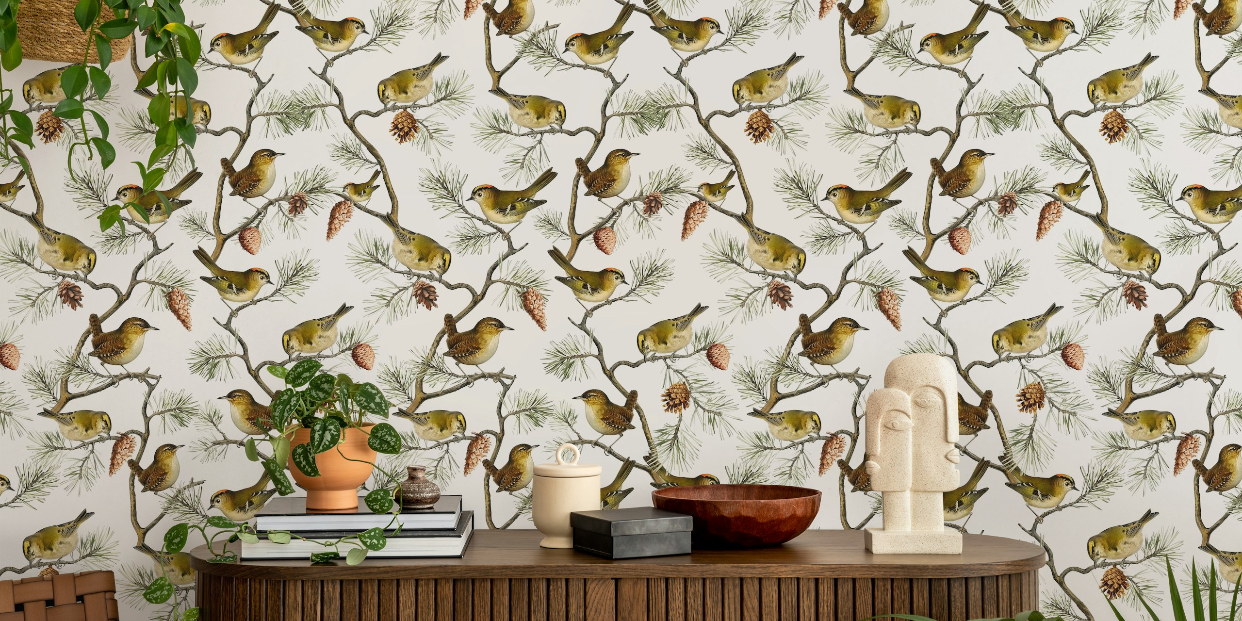 Vintage wallpaper design with birds and branches.