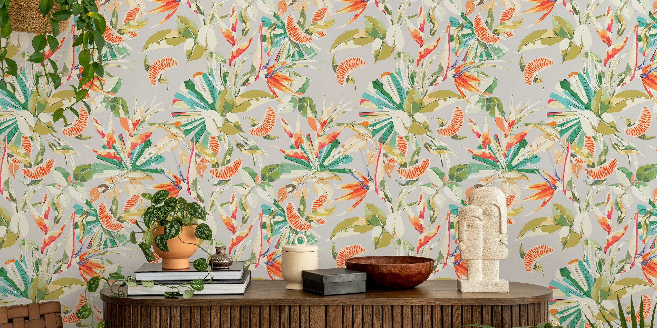 Tropical palm leaves with orange accents on grey background wallpaper