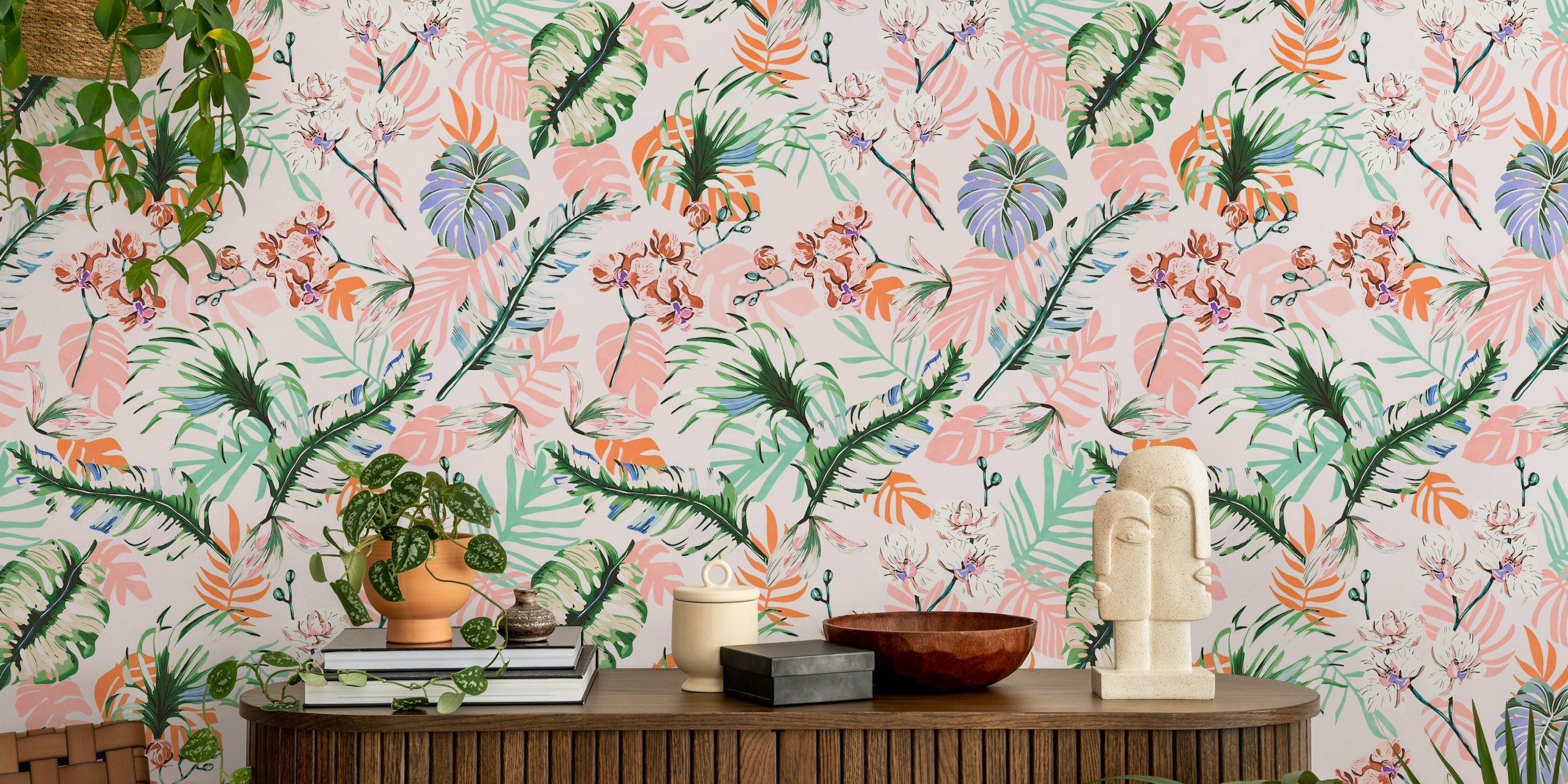 Pastel-colored jungle-themed wall mural with a variety of tropical leaves and flowers