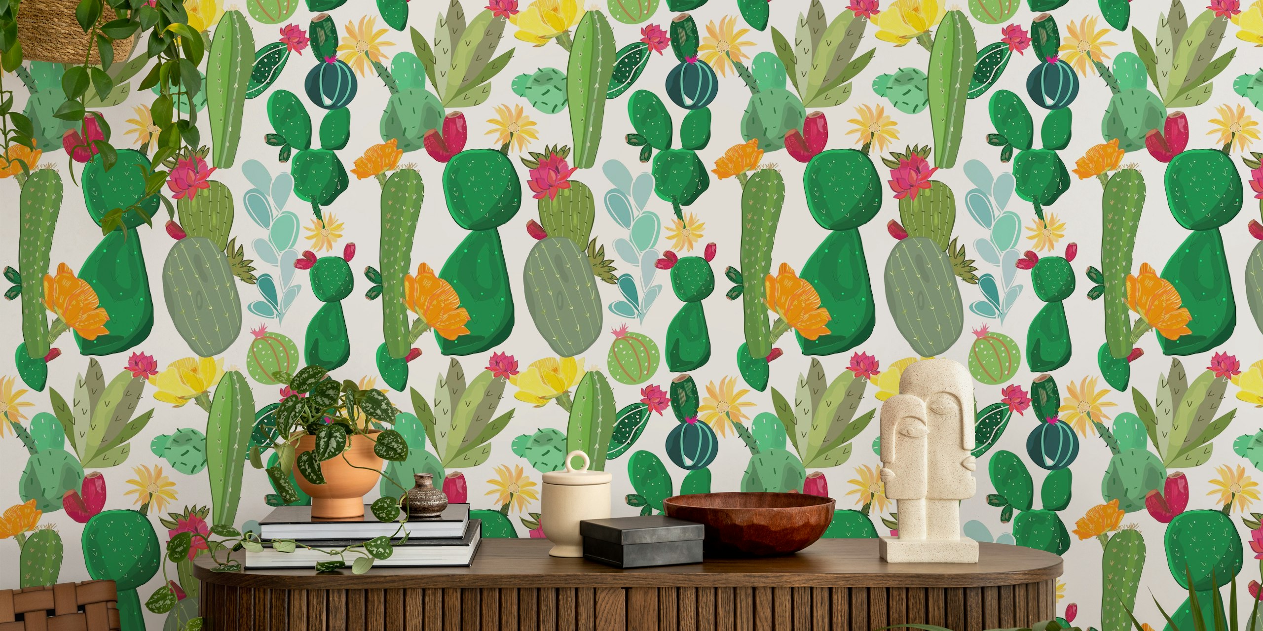 Colorful cactus and succulent wallpaper with flowers on white background