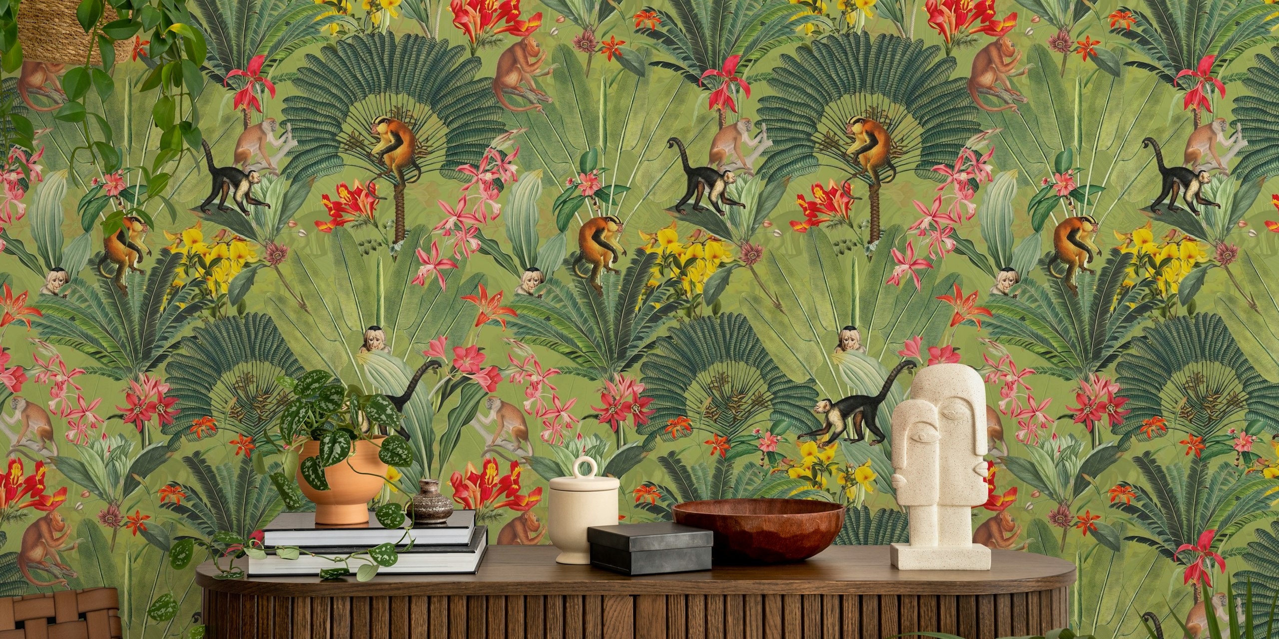 Monkeys and tropical flowers on green background wallpaper