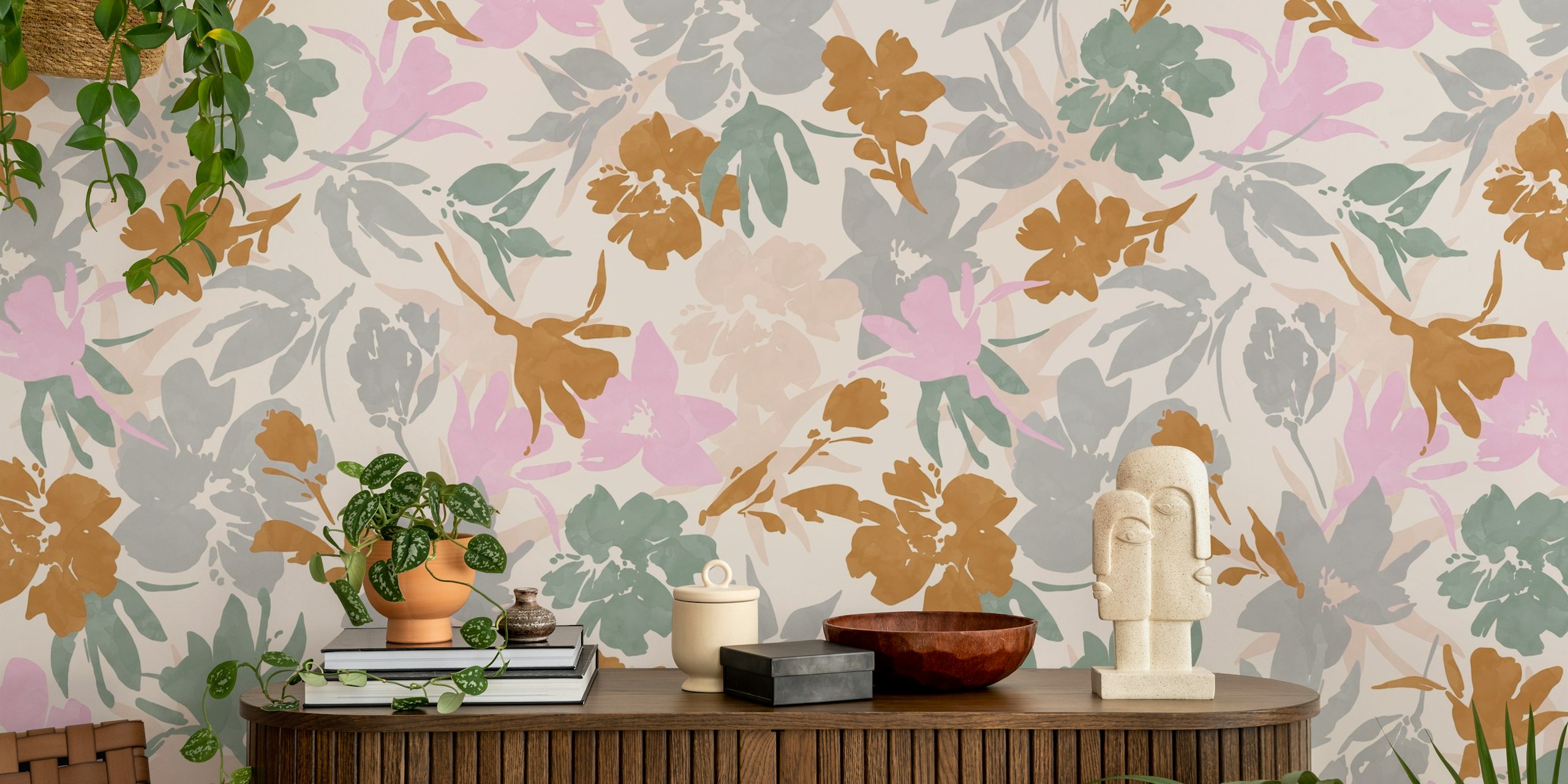Pastel-colored wall mural featuring a tranquil meadow with delicate floral patterns