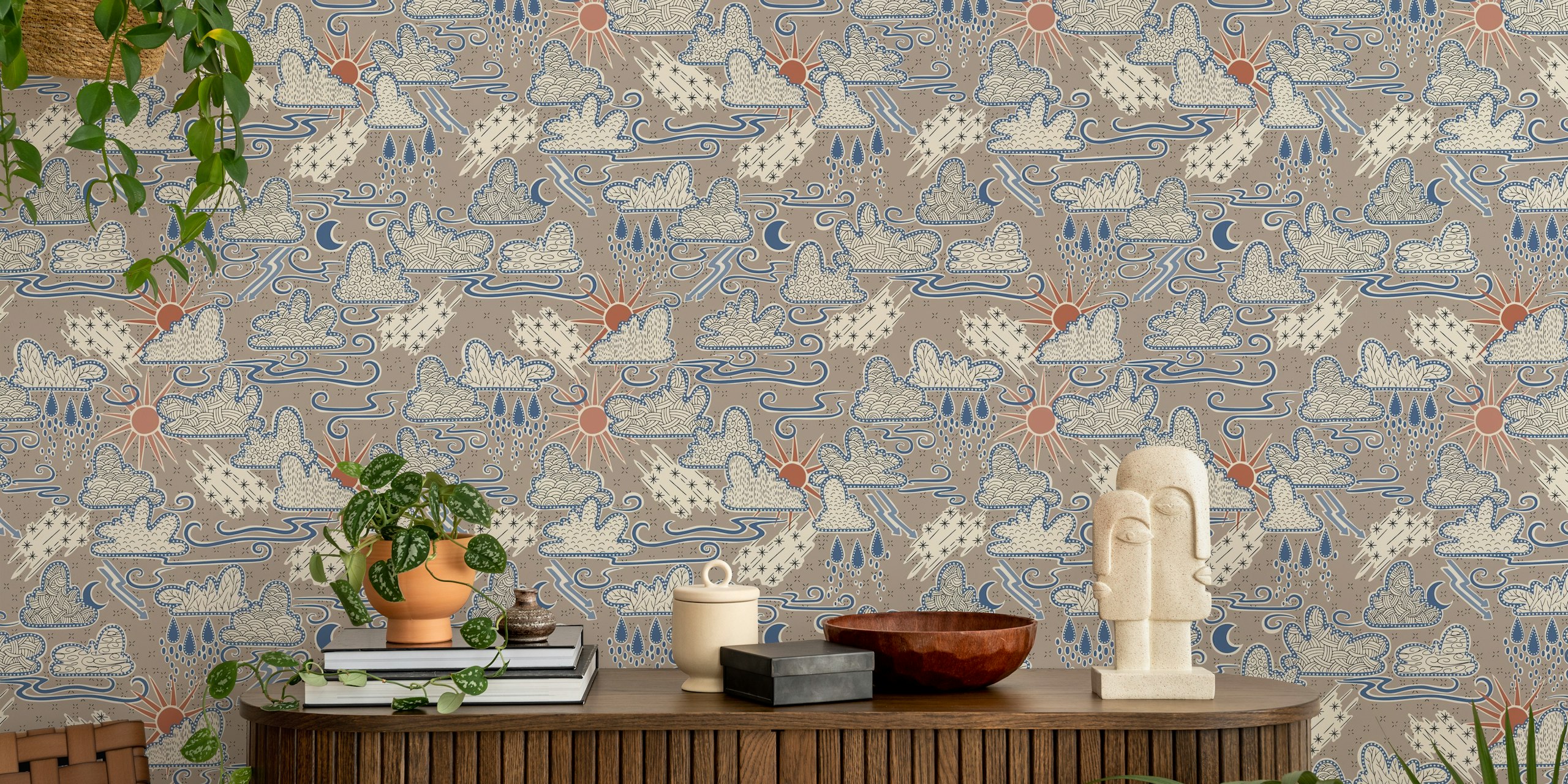 Clouds and sun patterns in tan, blue, and red wallpaper