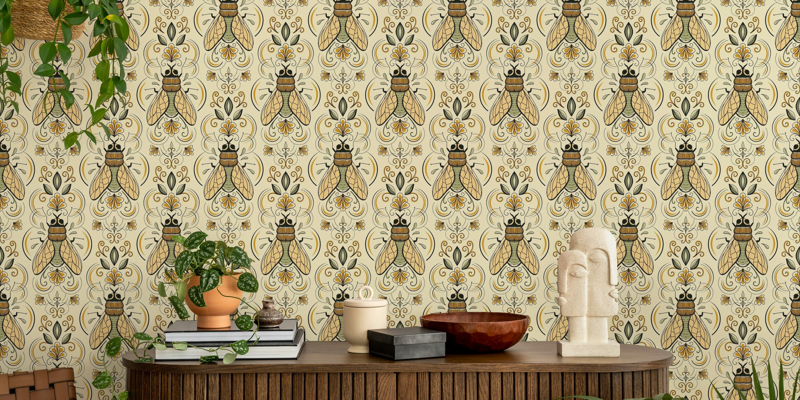 Diseño de papel pintado Flies and flowers en una habitación
