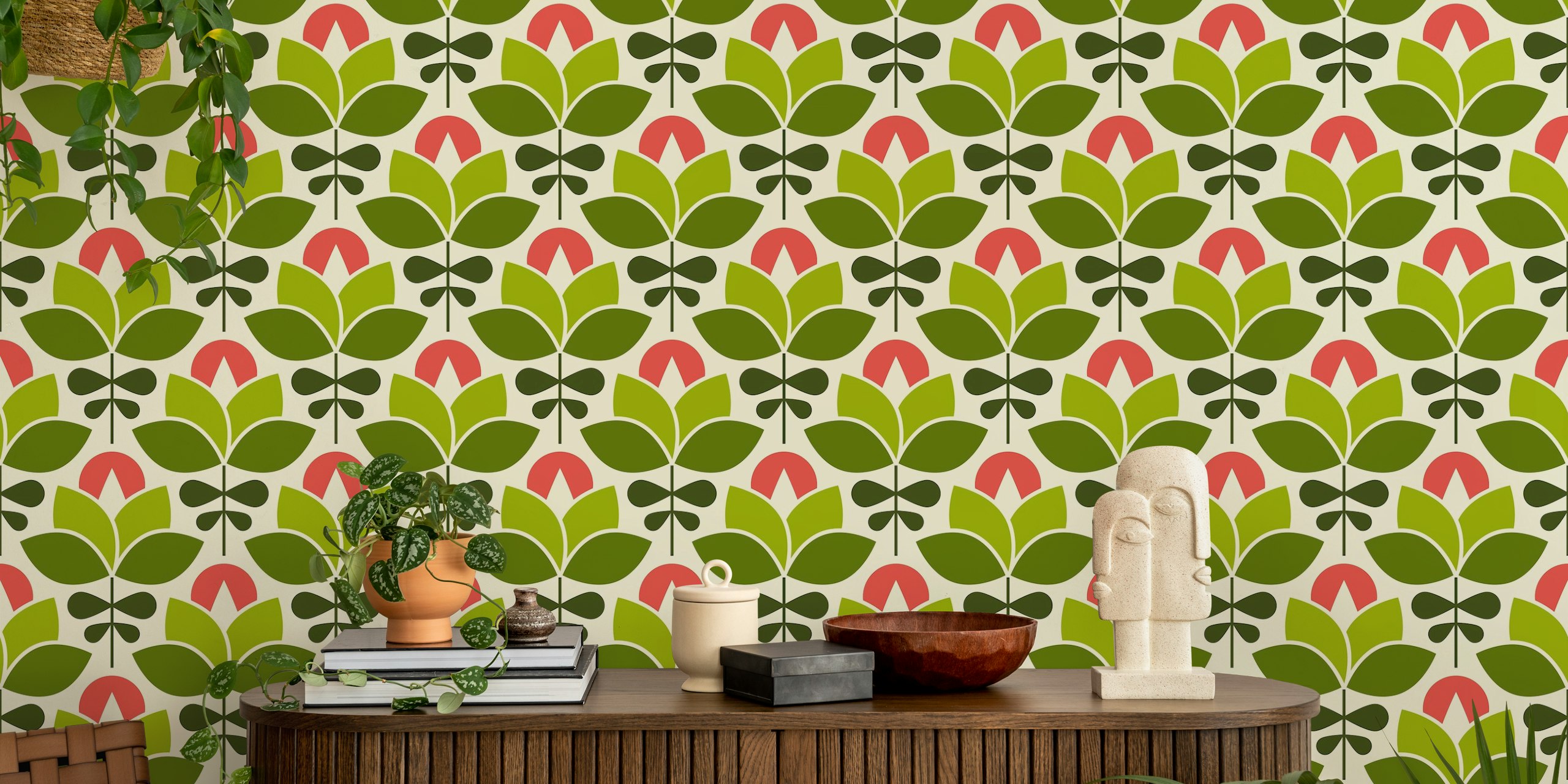 Modern Retro Flowers Wall Mural with Green and Red Design