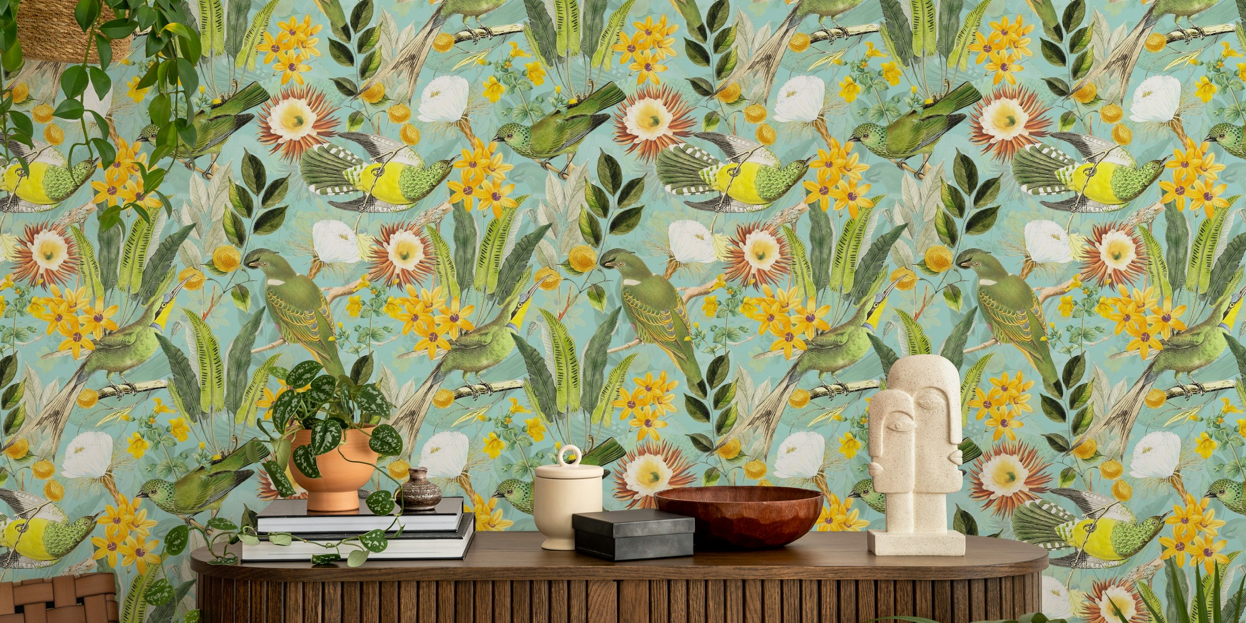 Tropical birds and flowers in green, yellow, and blue wallpaper