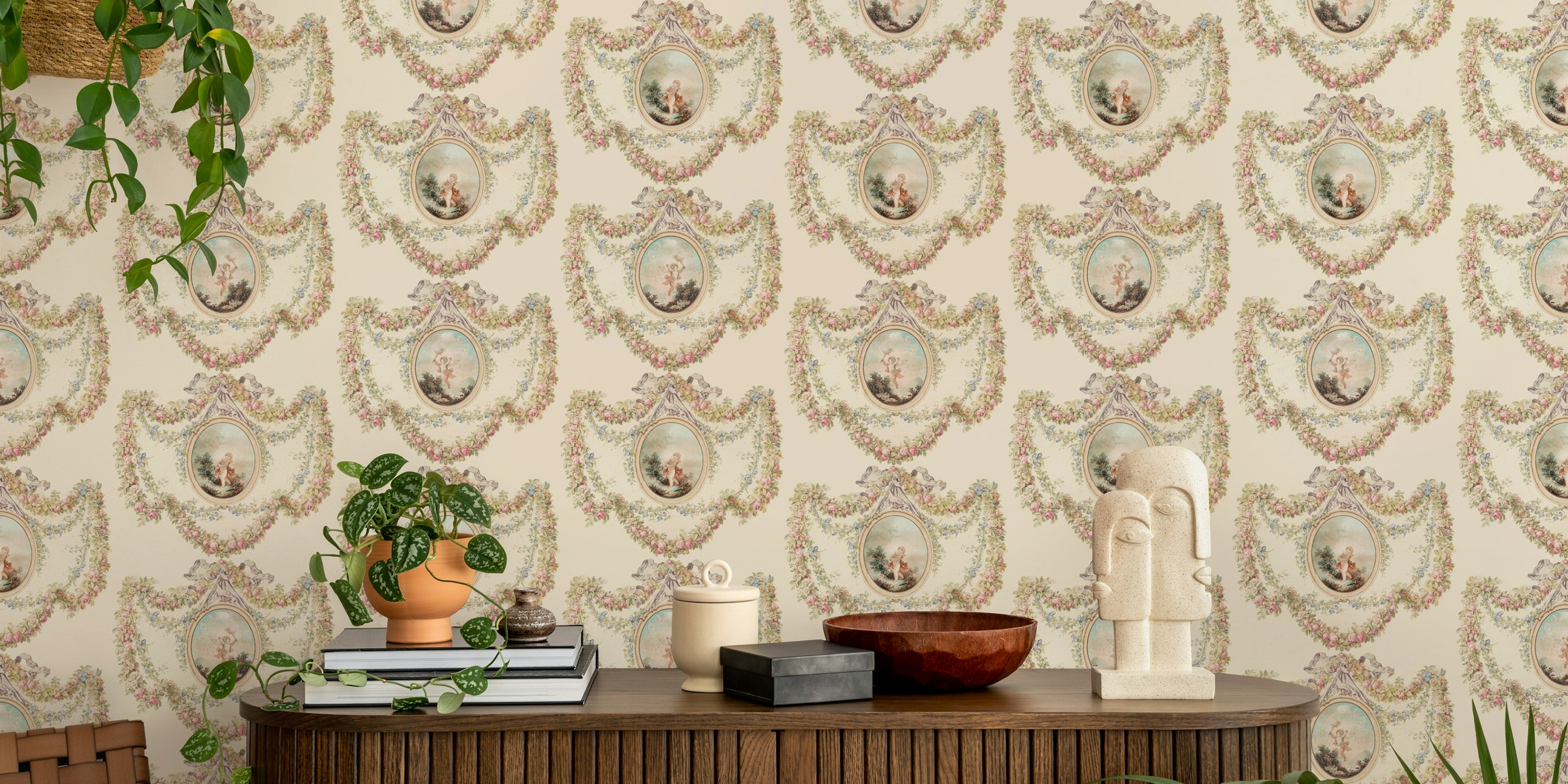 Rococo Damask Garden wall mural with ornate damask motifs and pastoral scenes
