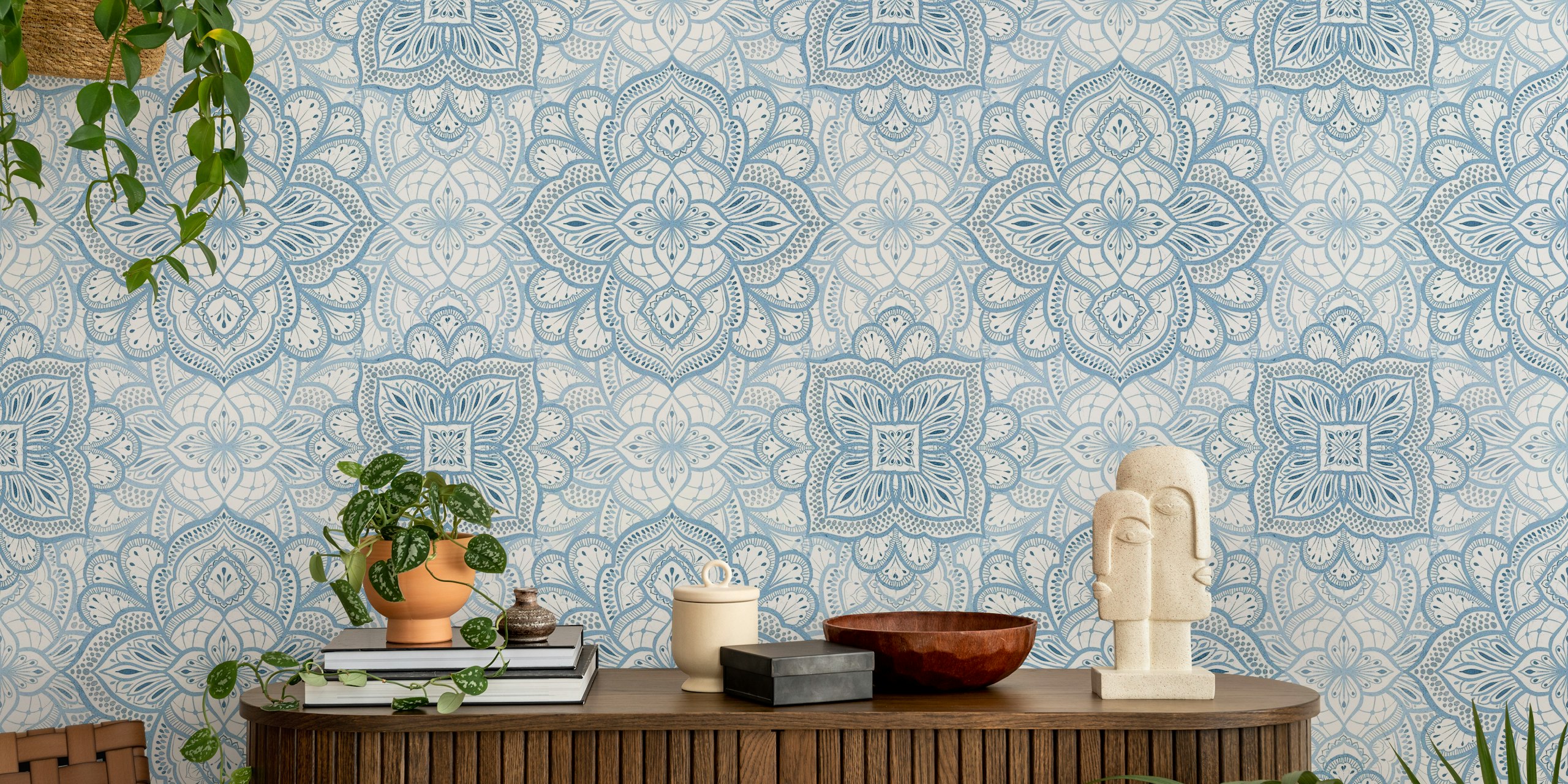 Papier peint Boho Marrakesh mandala tile bleu