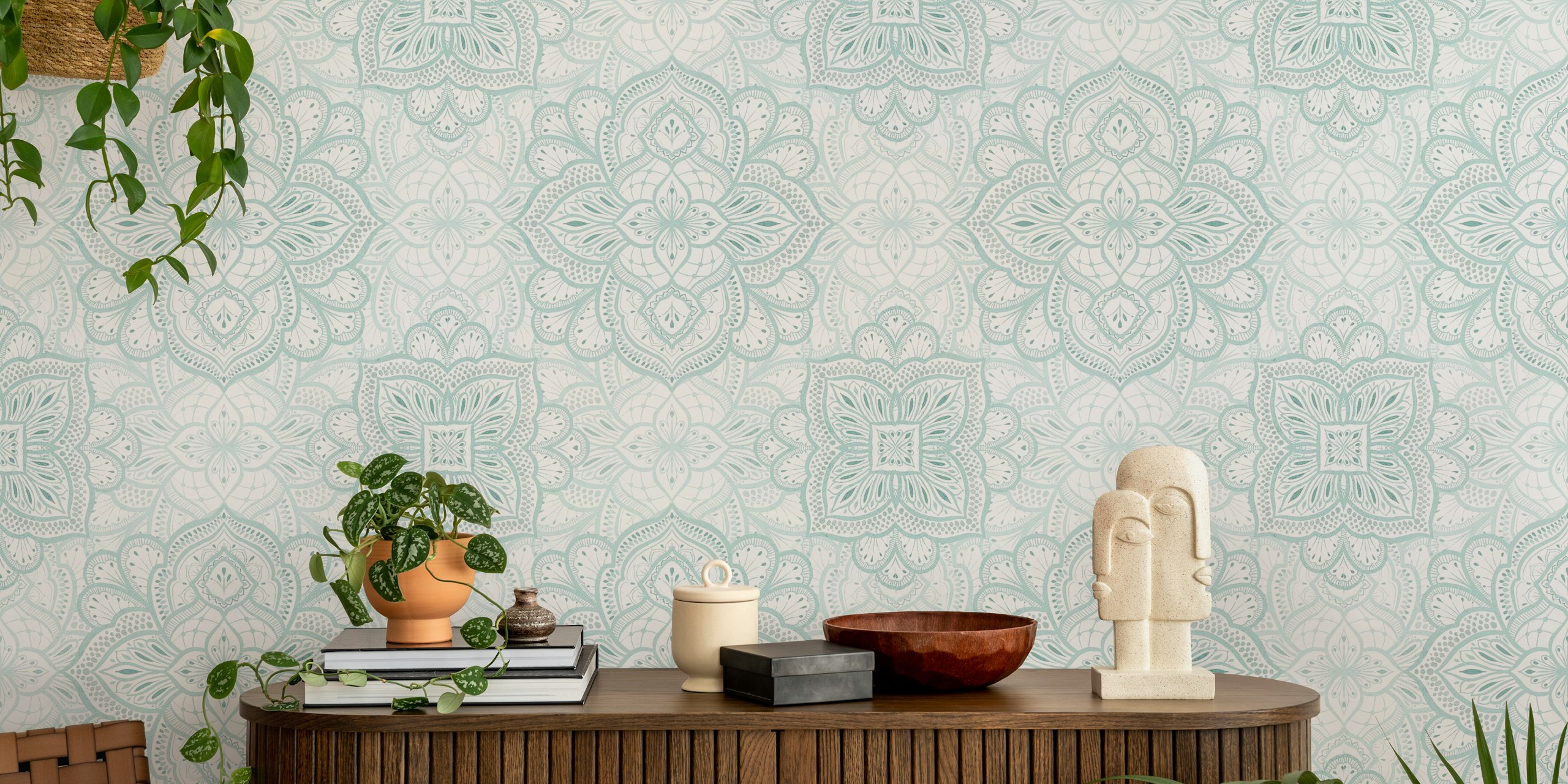 Blue and white intricate mandala design wallpaper