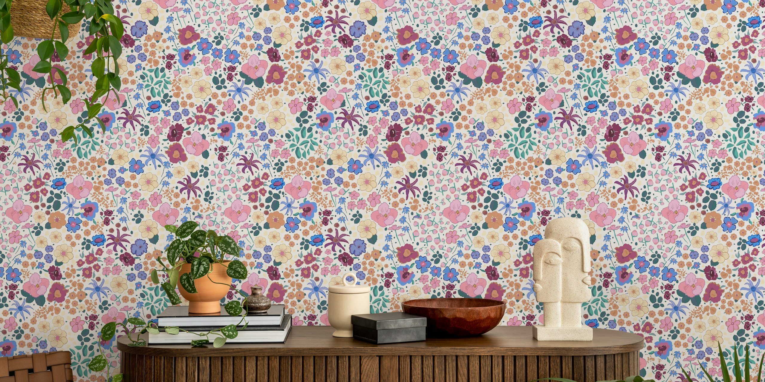 Ditsy Colorful White floral wall mural with a variety of small flowers in pastel shades