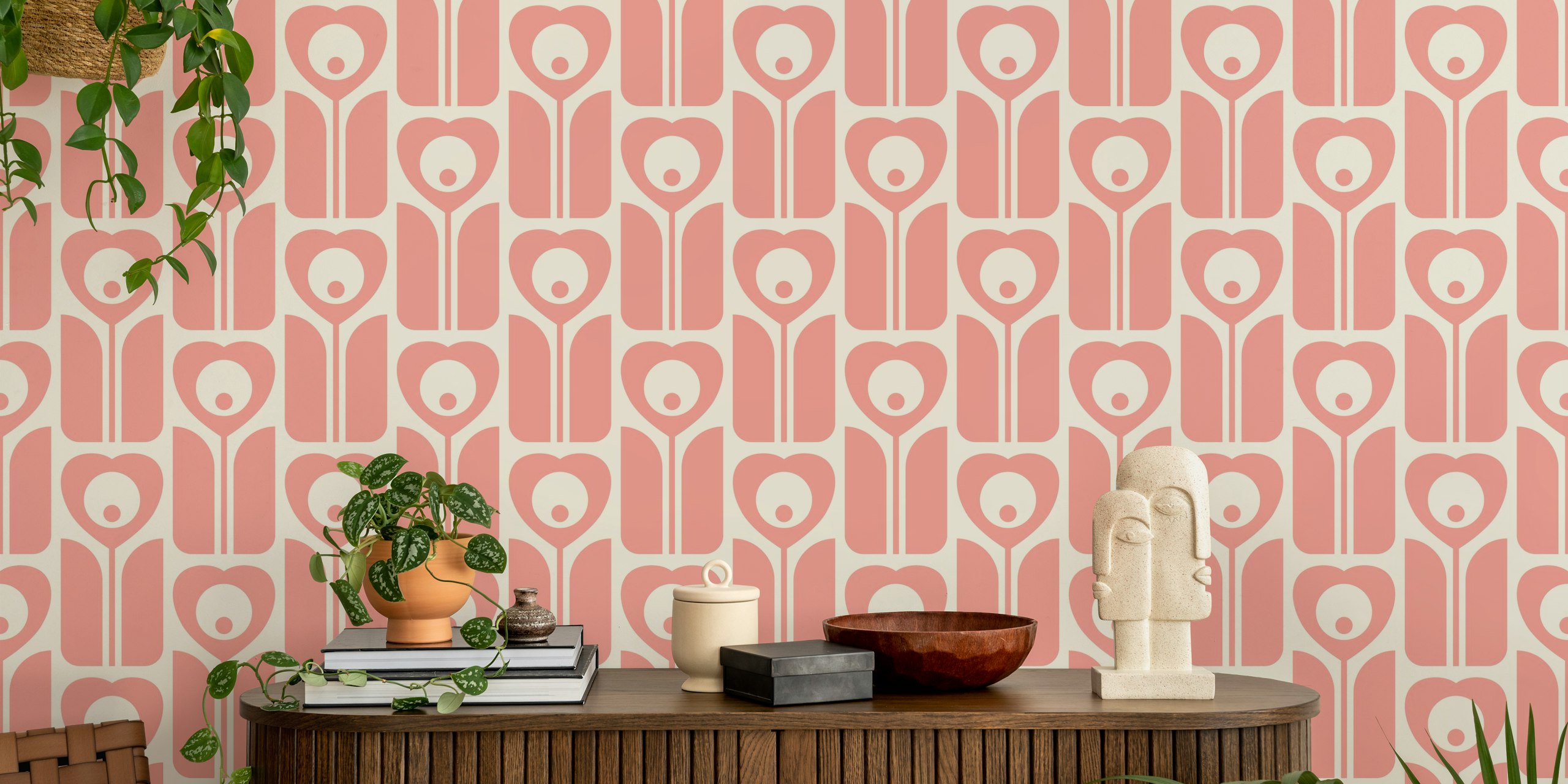 2525 B - pastel pink retro flowers pattern carta da parati in una stanza