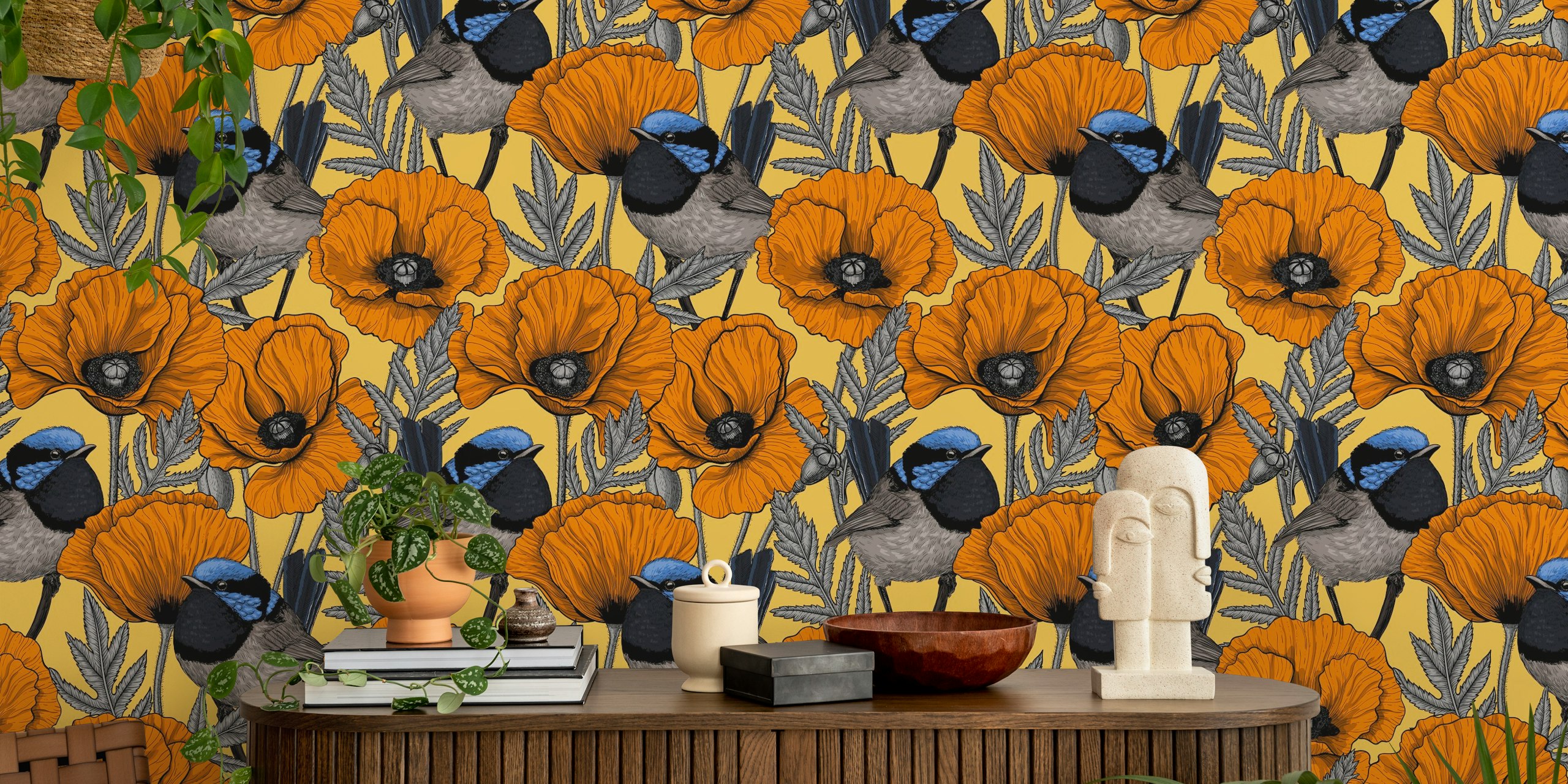 Orange poppies and fairy wrens on pastel yellow wallpaper