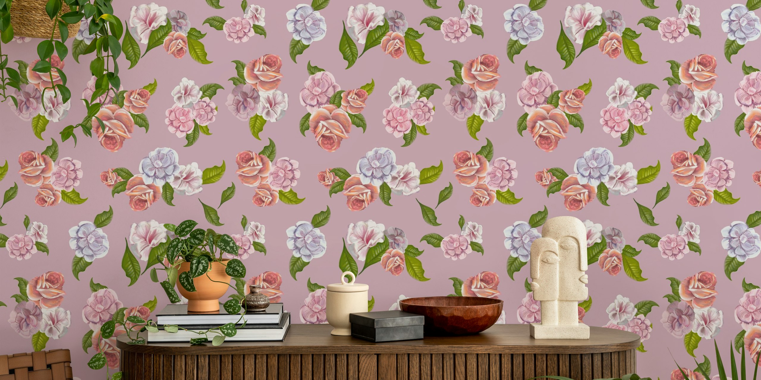 Heirloom floral pattern papier peint dans une pièce