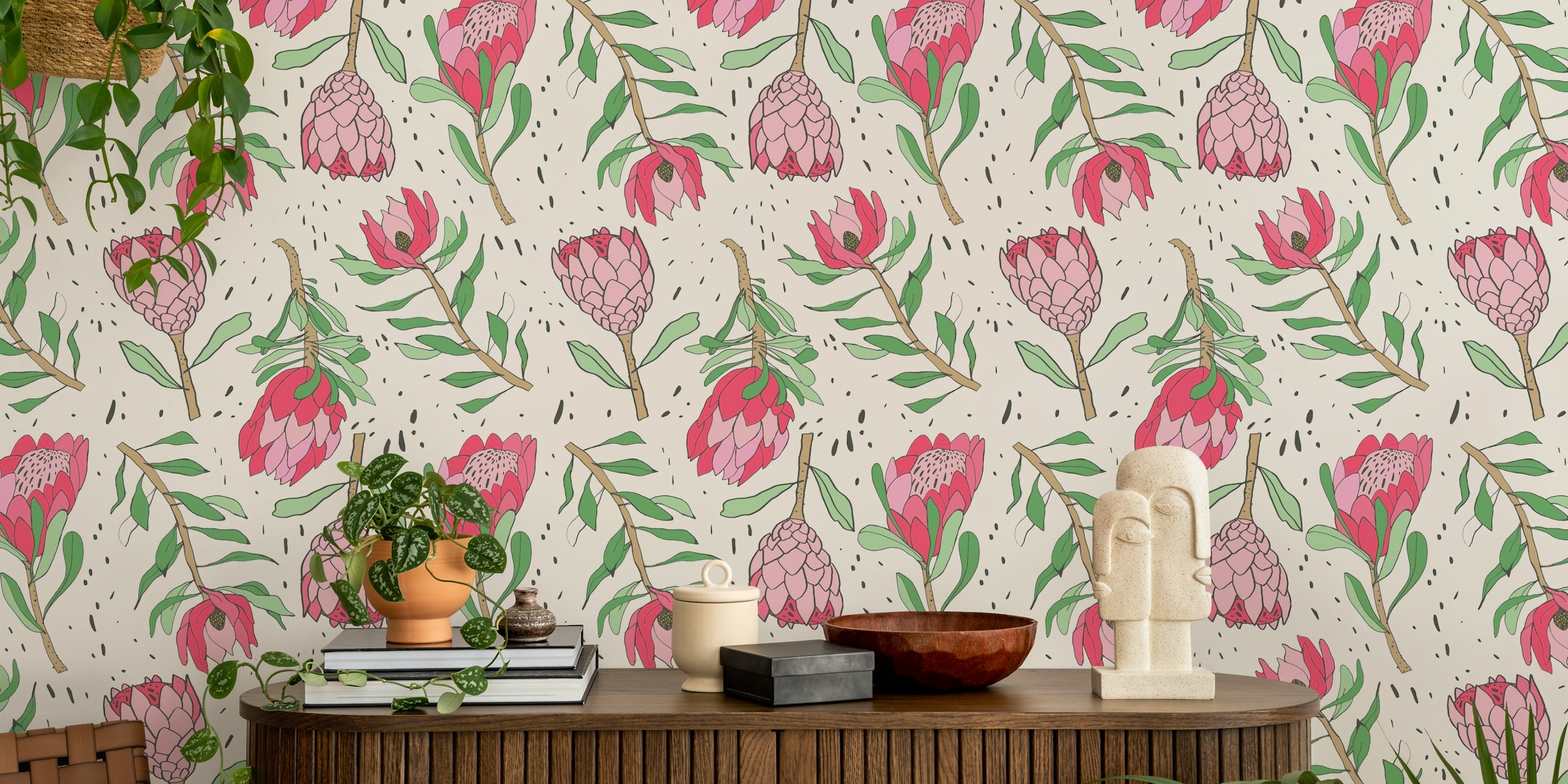 Pink proteas wallpaper in a room