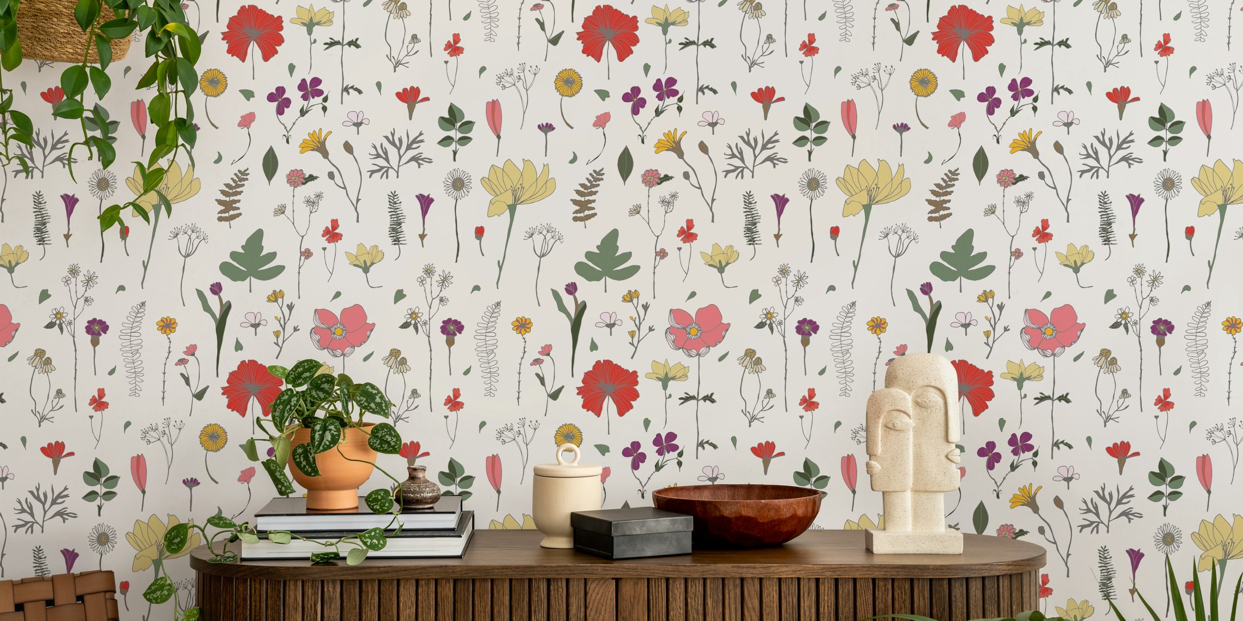 Blomstertapet med diverse pressede blomster på hvit bakgrunn